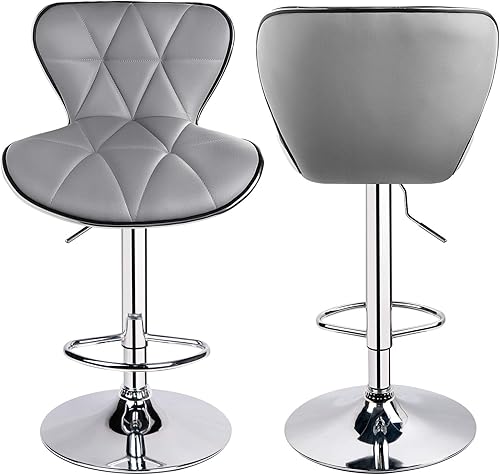 Miniatura 7 de Taburetes de bar giratorios ajustables con respaldo de cáscara, cuero sintético acolchado con espalda, juego de 3 (gris claro) Gris claro,Blanco