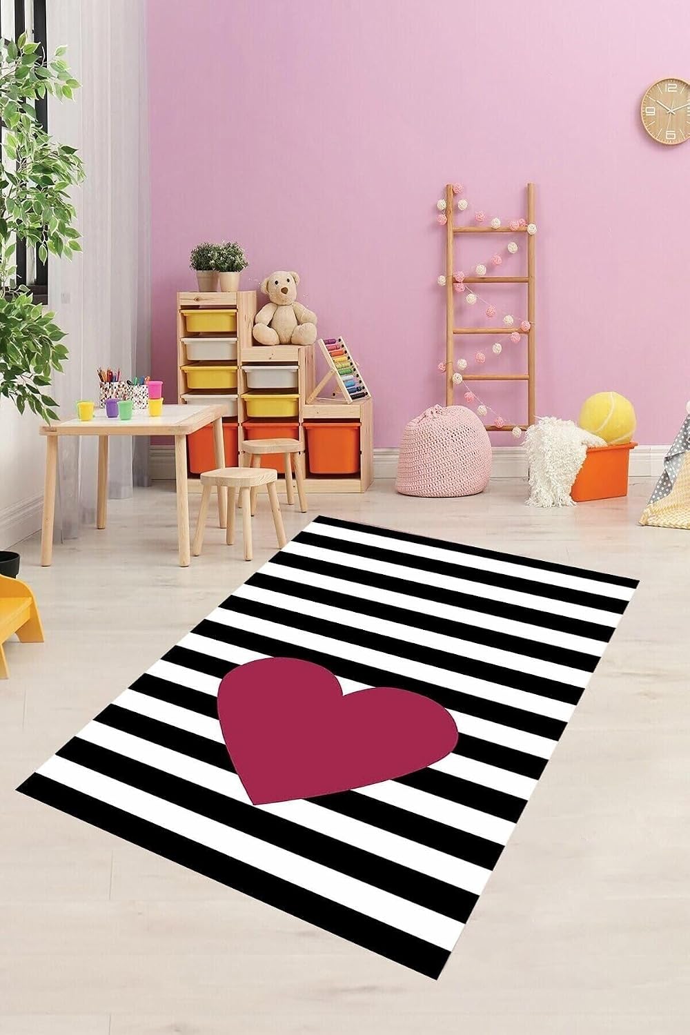 Pelangi Siyah Kalp Desenli Halı, Siyah-Kırmızı 120 x 180