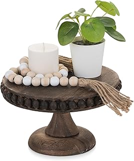 Hanobe Small Wood Cake Stand: Cupcake Pedestal Stand 8 inch Dessert Display Riser Distressed Rustic Round Cakes Holder Tray Vintage Beads Wooden Plate for Wedding Birthday Decor