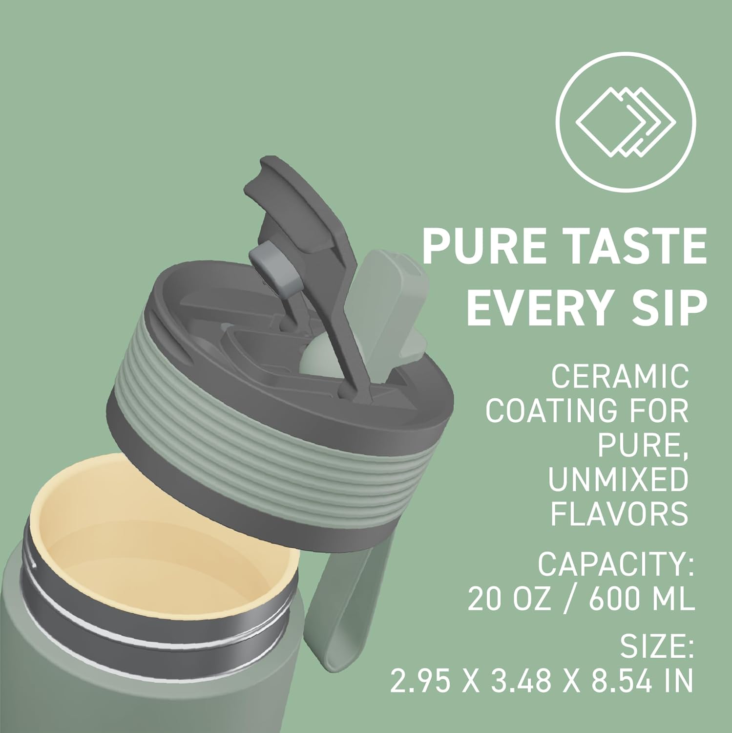 Asobu 20oz Ceramic Lined Insulated Water Bottle for Hot and Cold Drinks with 2-in-1 lid - Durable Travel Bottle with Leak-Proof Lid, Double-Wall Stainless Steel, Keeps Flavors True