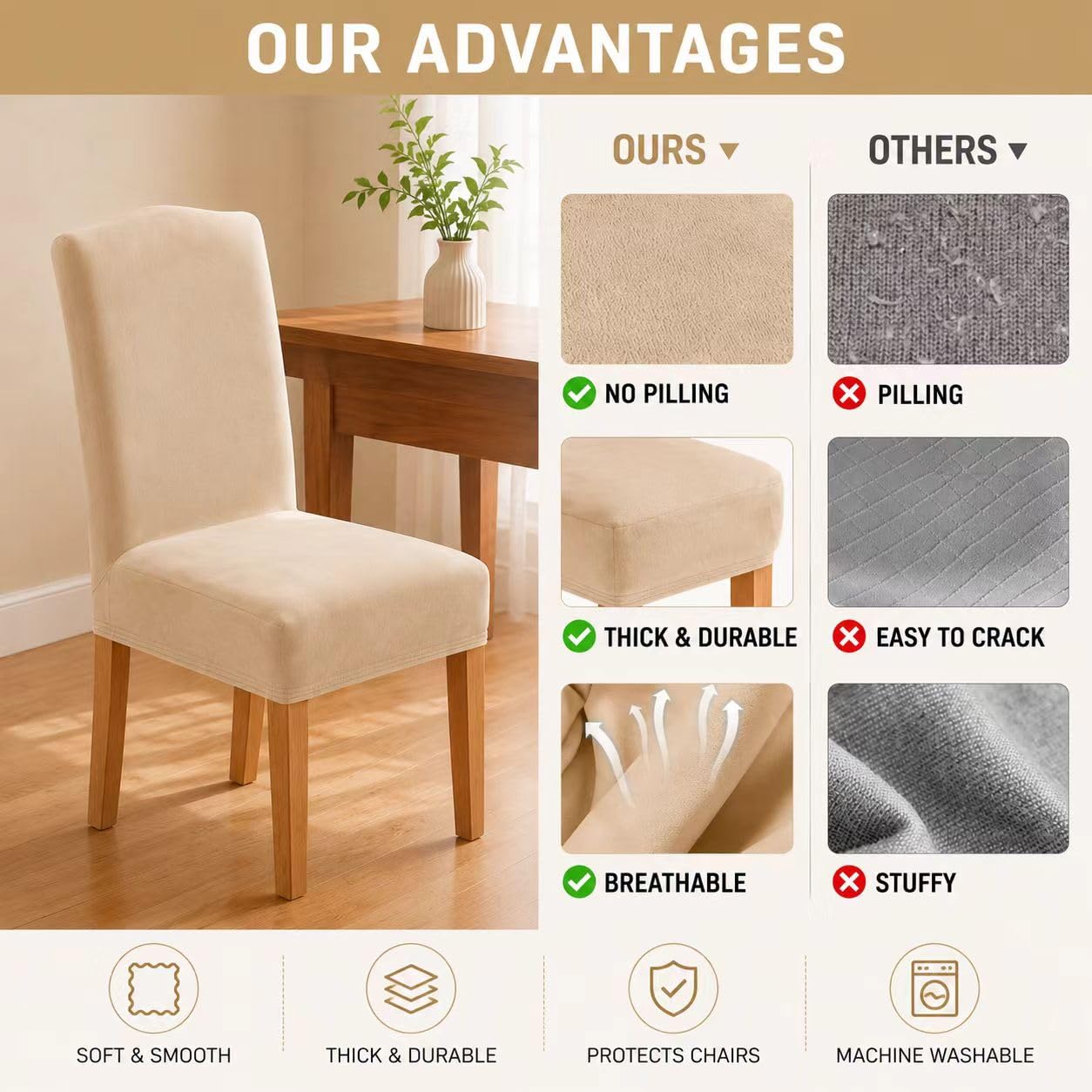 Coprisedia con Schienale in velluto 4/6 Pezzi, Fodere Sedie Elasticizzato Lavabile,Coprisedia con Schienale per Casa, Ristorante, Hotel, Cucina,decorazione per matrimoni (Beige, 6)