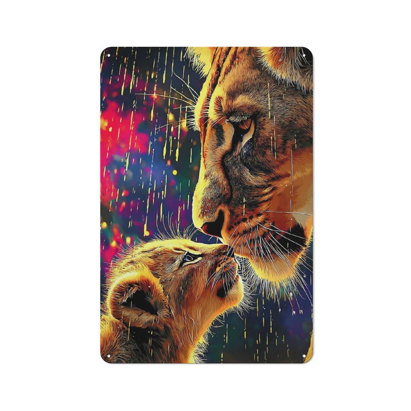 Retro Lioness And Cub in Rain Vintage Tin Sign 30x20cm, Cafe Wall Decor for Kitchen, Cafe, Pantry Or Dining Room