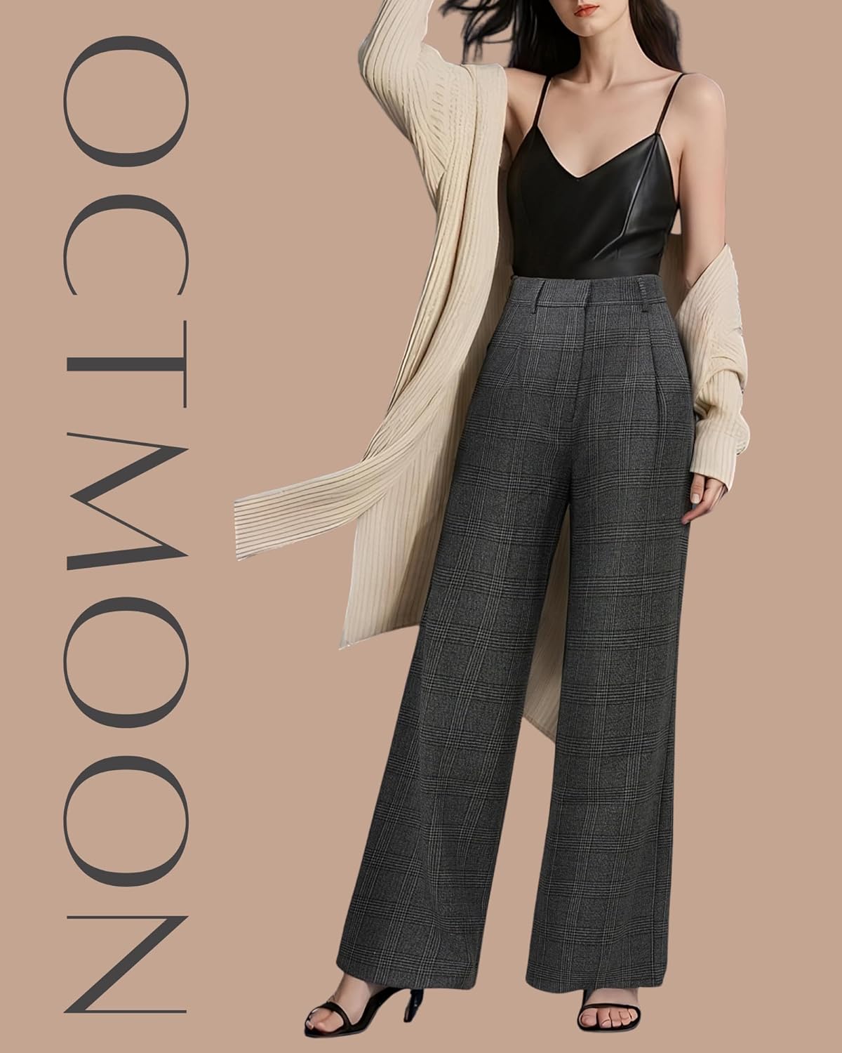 OctMoon Women's High Waisted Wide Leg Palazzo Pants – Extra Long Flowy Trousers for Tall Women with Classic Plaid Pattern