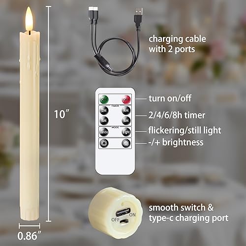 Miniatura 9 de Zevanor Velas cónicas recargables sin llama, con temporizador, control remoto, 2 velas LED parpadeantes de 0.86 x 9.8 pulgadas, velas de plástico