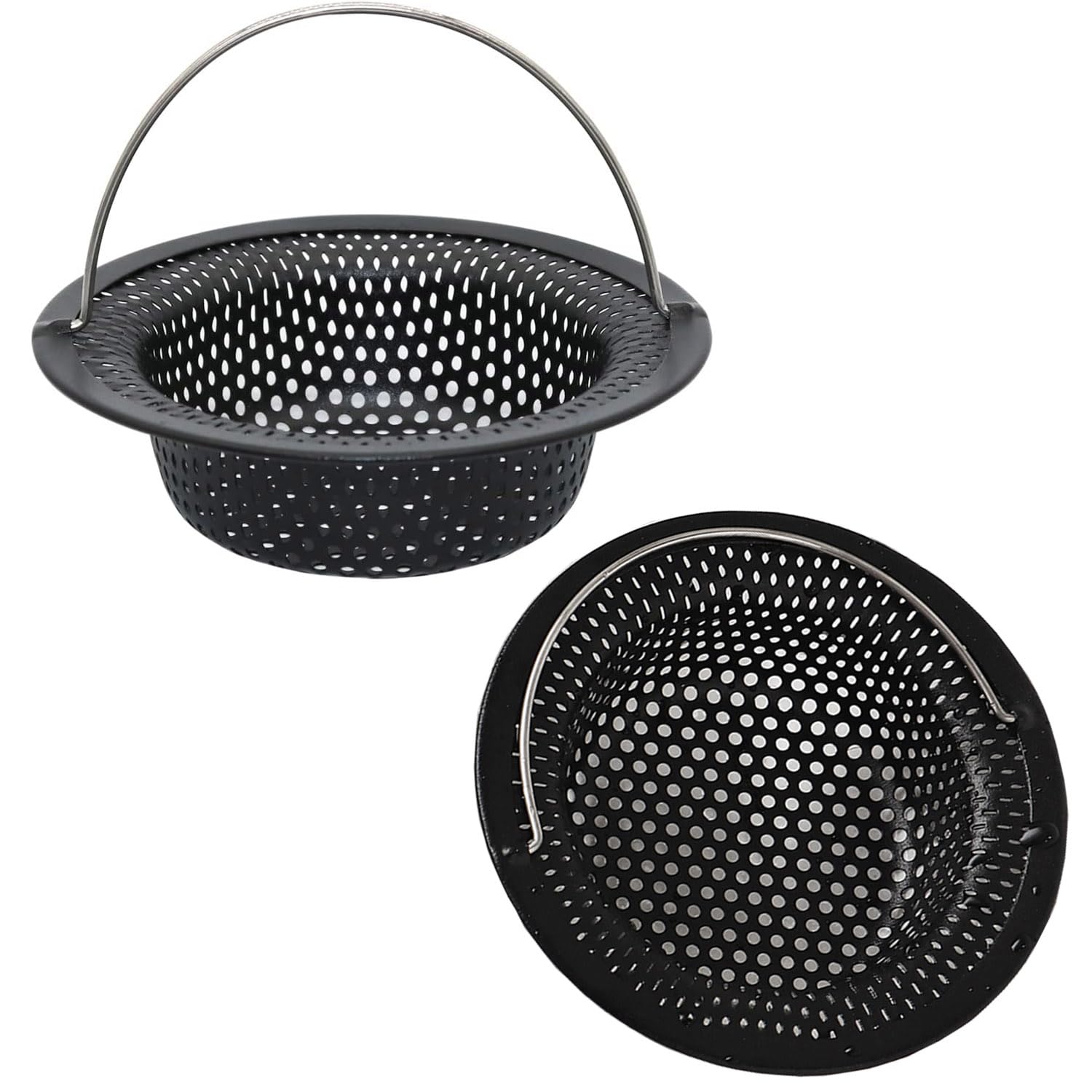 Pack of 2 Drain Strainers, Kitchen Sink Strainer, Stainless Steel Sink for Kitchen, Sink, Strainer, Clogging Protection, Kitchen Drain Sink (11 x 8 x 2.6 cm) (Silver, Black) (Black)