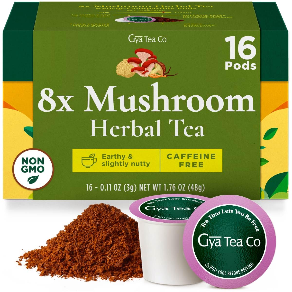 Gya Tea Co 8X Mushroom Herbal Tea Pod (16 Count)- Decaf Wellness Tea for Body Comfort & Relaxing