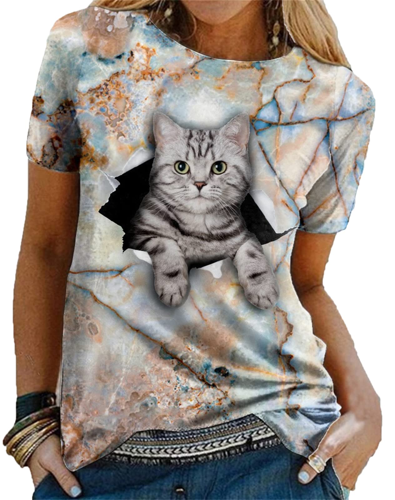 Animal Series 3D Digital Print Women's Short Sleeve T-Shirt Cat Personalized Crew Neck