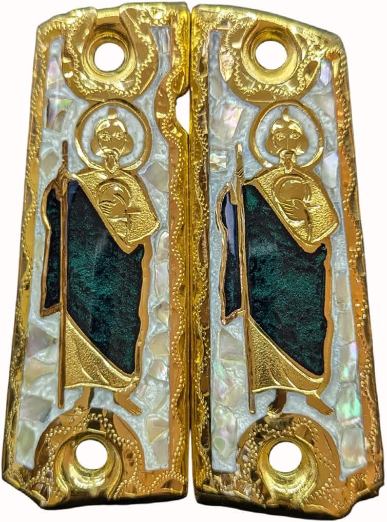 Cachas Colt 1911 Grips Gun St Jude San Judas Model with 24k Gold Plated, Green Resin and Mother of Pearl Shell Includes Screws