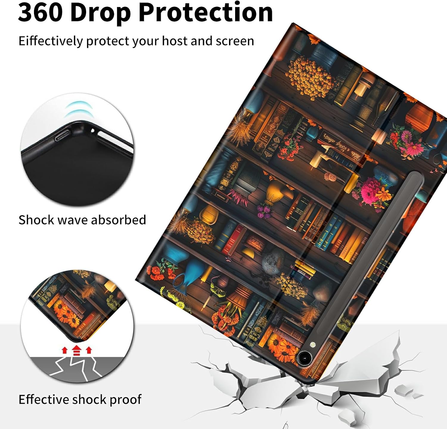 Case for Samsung Galaxy Tab S10 FE 2025/S9 FE 10.9"-Slim Leather Adjustable Stand Smart Cover with S Pen Holder & Auto Wake/Sleep for Tab S9,Vintage Bookshelf