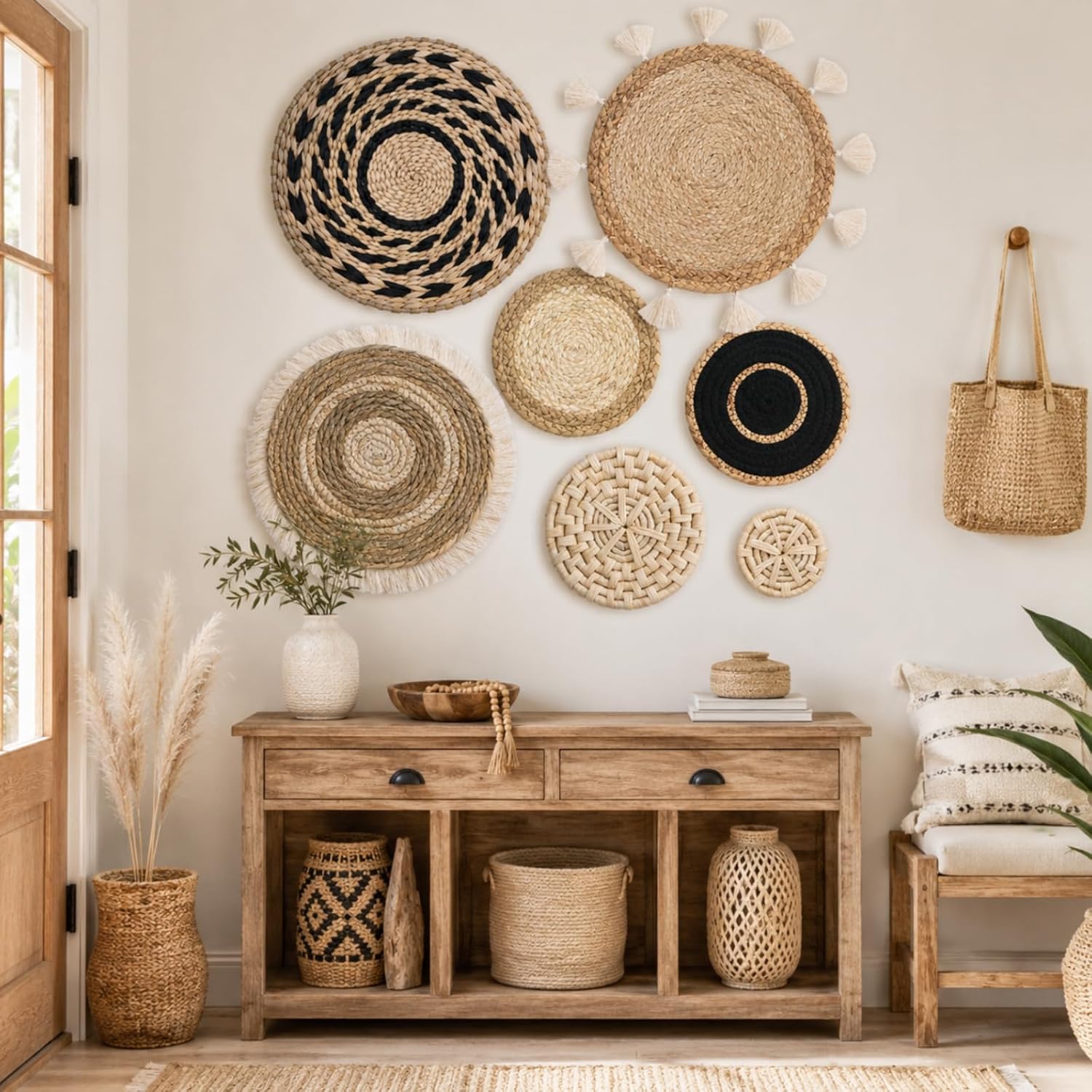 LOMOHOO Set of 7 Boho Wall Basket Decor Wicker Woven Wall Basket Decoration