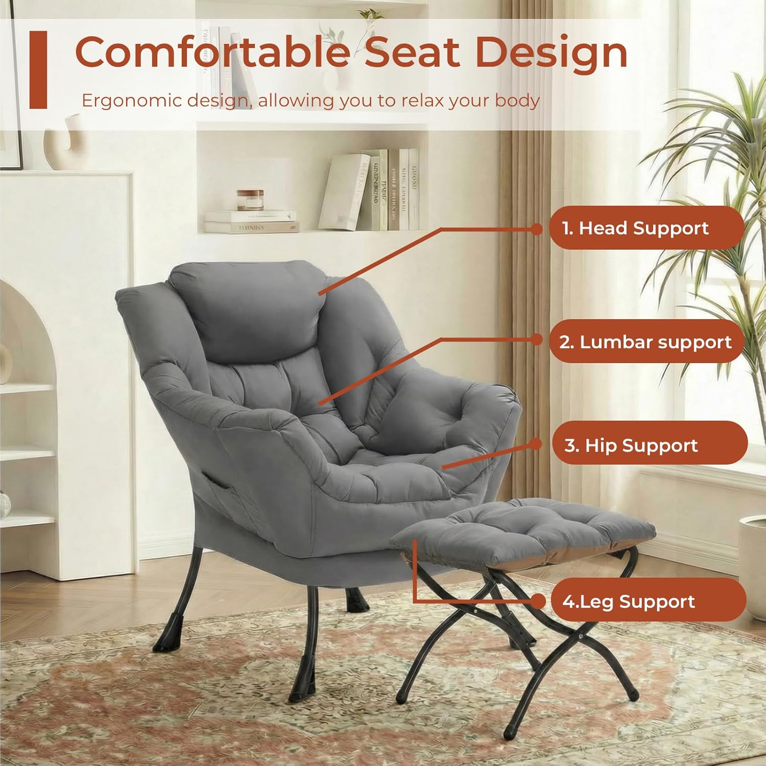 TLSUNNY Lazy Chair with Foldable Ottoman, Modern Comfy Lounge Chair, Large Sofa Armchair with Footrest and a Side Pocket, Upholstered Reading Chair with Footstool for Bedroom, Living Room (Dark Grey)