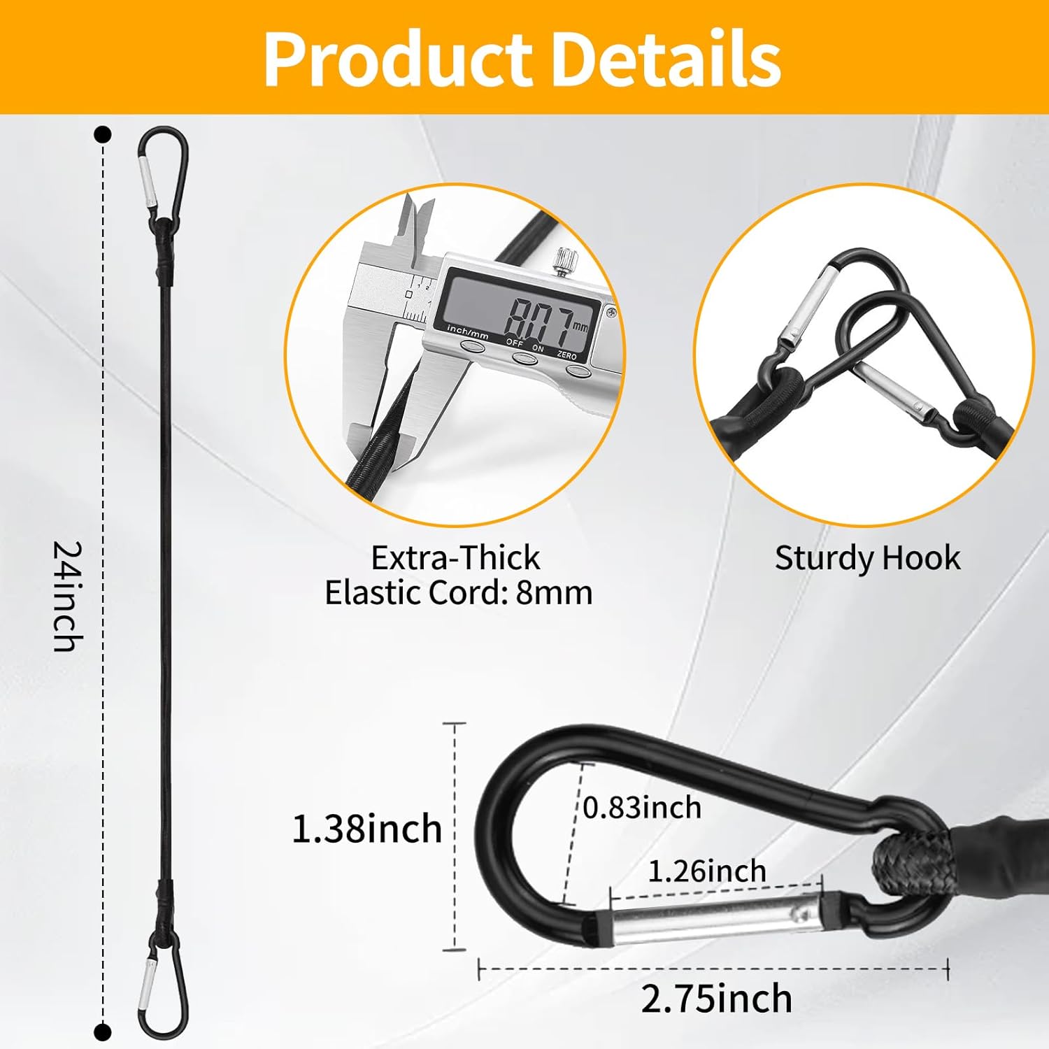 8 Pack Bungee Cord with Hooks, 24 Inch Adjustable Heavy Duty Carabiner Bungee Cord with Black Bungee Straps & Hooks, High Break Strength for Outdoor Luggage Rack, Cargo, Hand Carts, Bike, Camping Gear