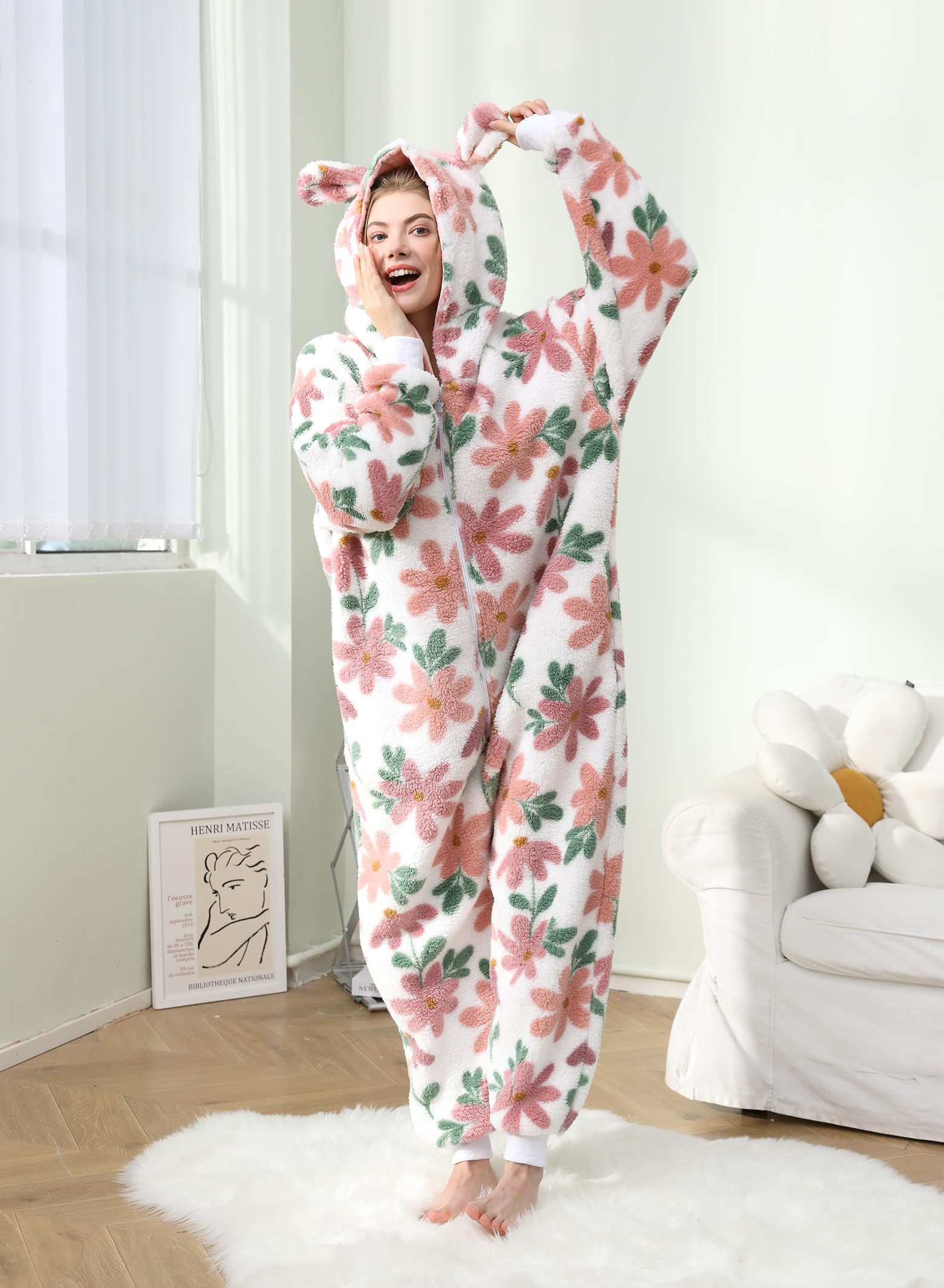 Pijama mullido con capucha para mujer, con cremallera, forro polar cálido, estampado de una pieza, ropa de dormir de invierno, ropa de dormir de Navidad