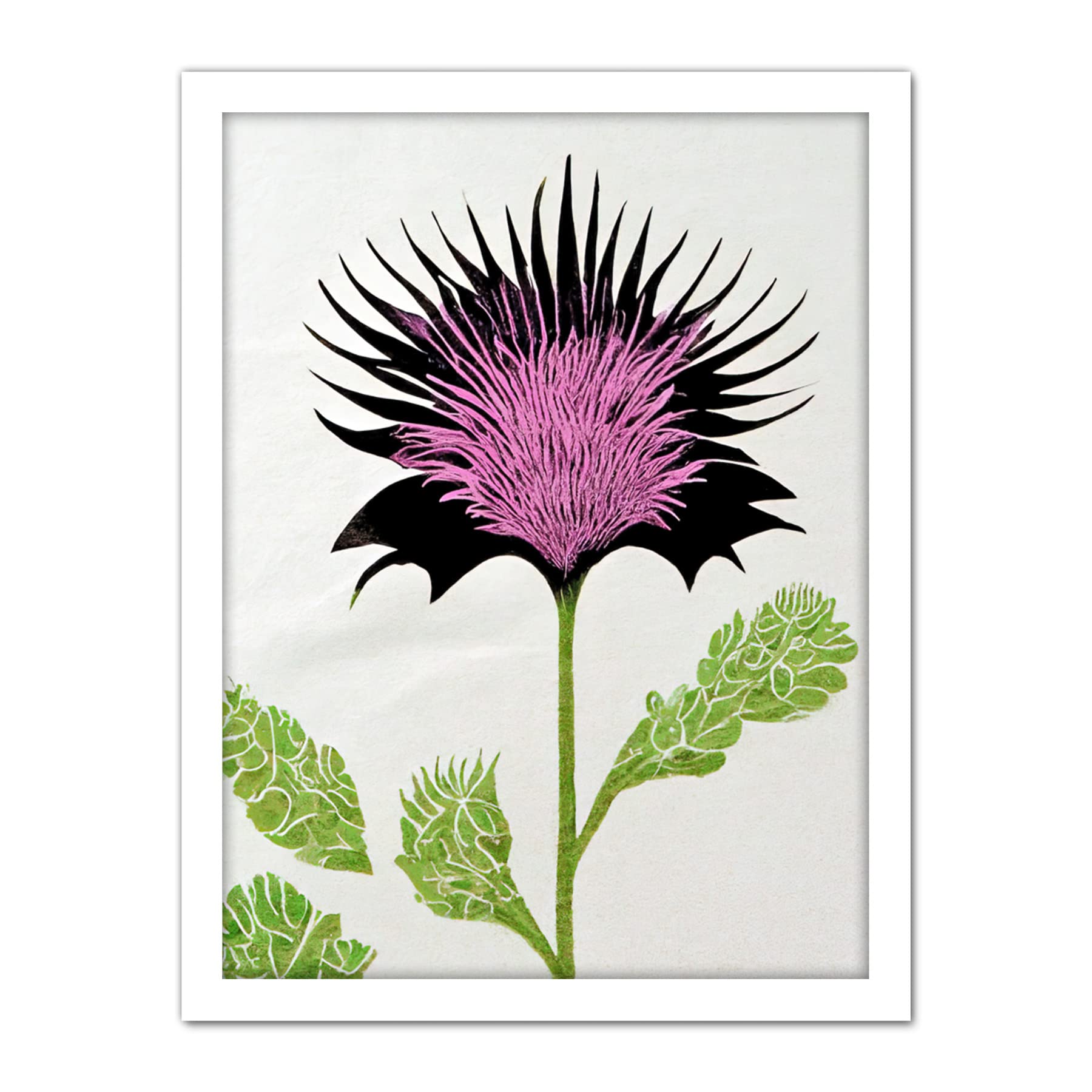 Doppelganger33 LTD Linocut Scottish Thistle Abstract Wildflower Artwork Framed Wall Art Print 18X24 Inch
