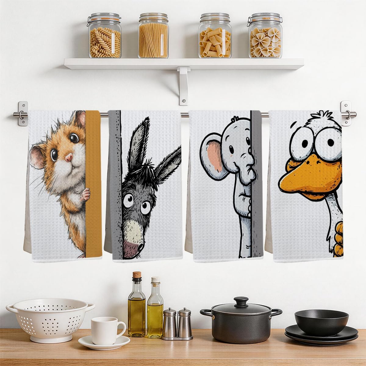 4 Pcs Funny Hamster Donkey Kitchen Towels Cute Elephant Duck Decorative Dish Tea Towels for Farmhouse Kitchen Bathroom Home Decor, Waffle Hand Towel, Animal Lover Gifts for Women Friend 14x24 Inches