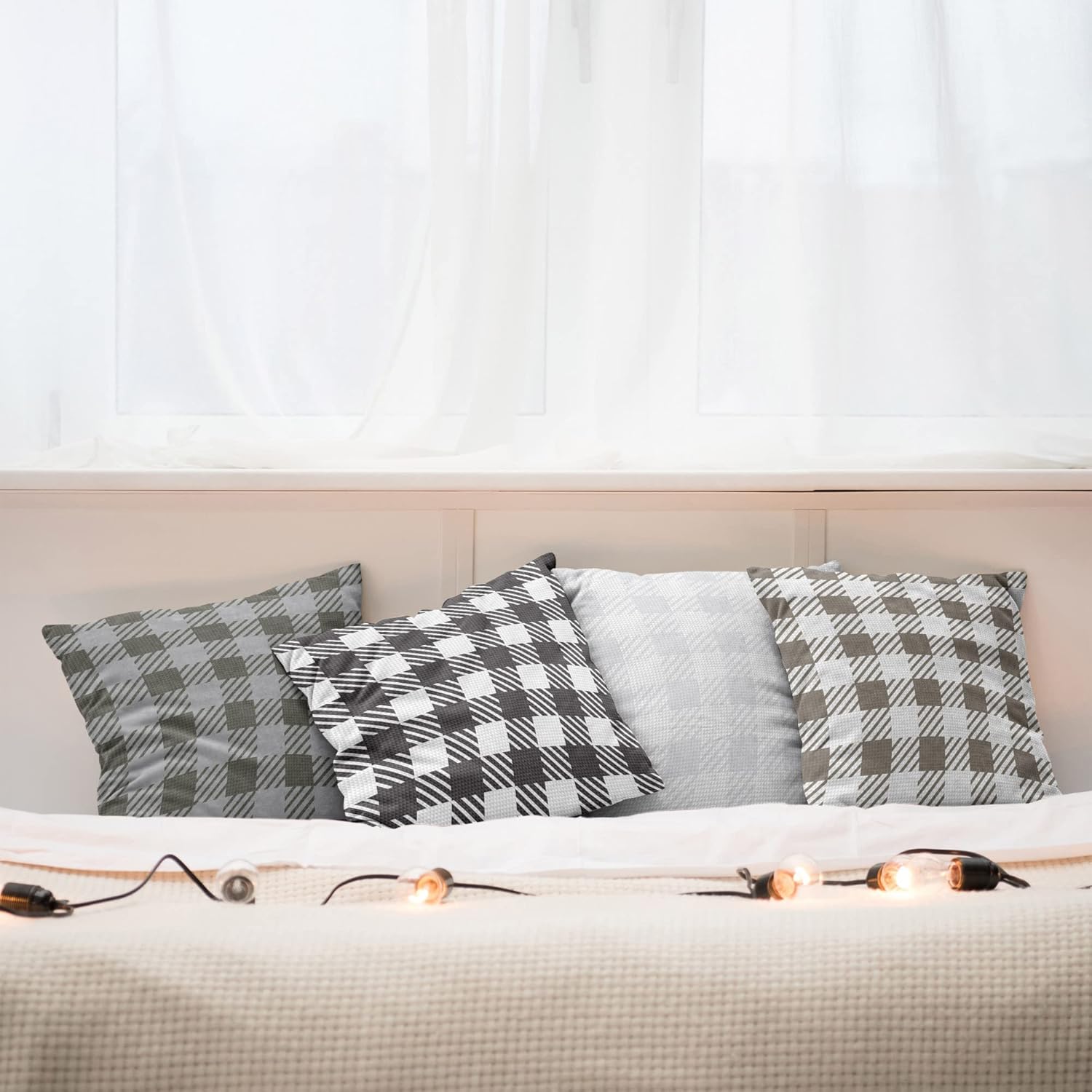 Ambesonne Plaid Throw Pillow Cushion Case Pack of 4, Traditional Tartan Pattern British Style Repetitive Design Squares, Modern Accent Double-Sided Digital Printing, 18", Dark Eggshell White and Brown