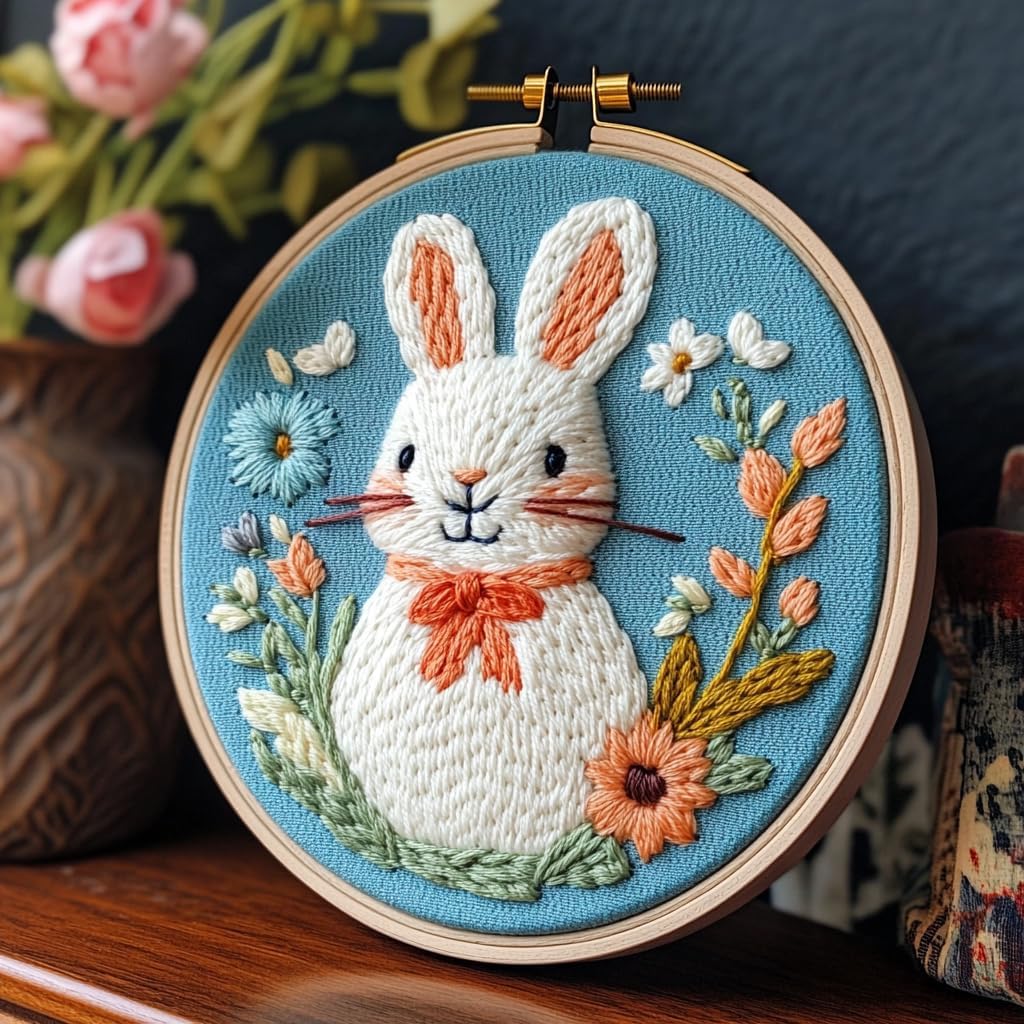 DIY Punch Needle Kits A Cute White Rabbit Happy Easter Easy for Beginners Punch Needle Yarn Starter Embroidery Set for Craft Lovers with Hoop for Home Decor 20x20cm(3)