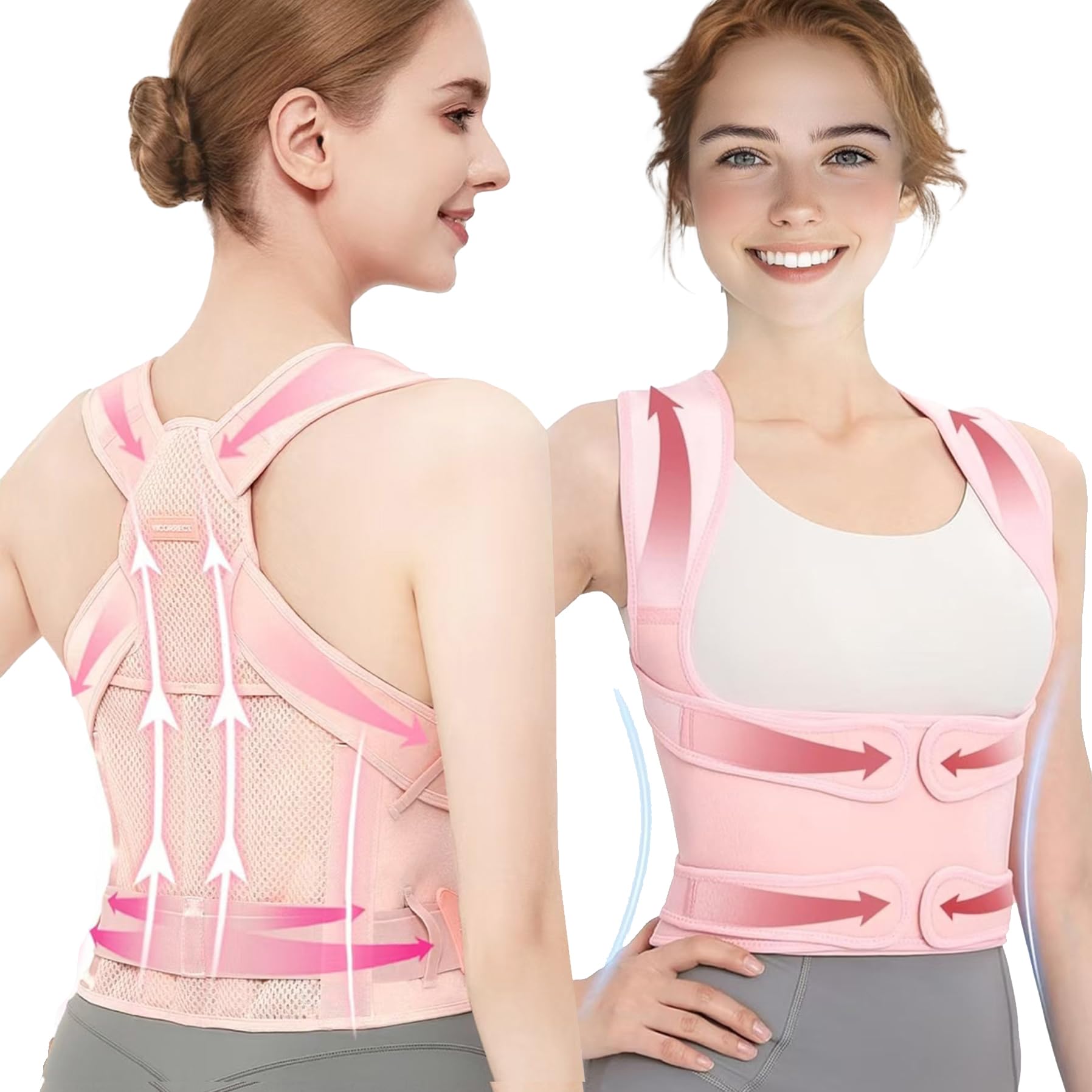 Posture Corrector for Women,Adjustable Full Back Brace and Shoulder Straightener,for Back Pain Relief,Hunchback Correction,Scoliosis,Thoracic Spine,Posture Trainer (Pink, Large)