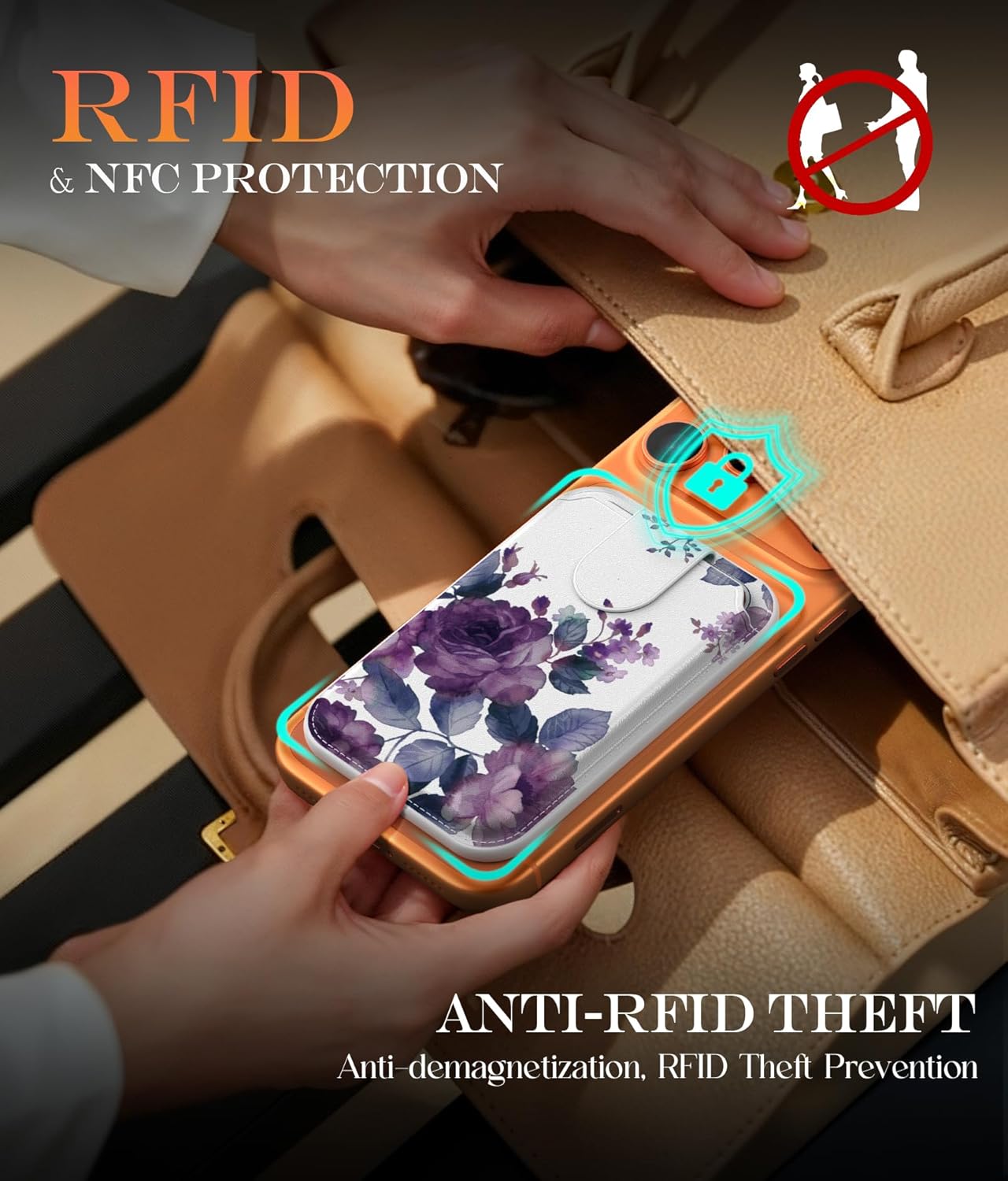 DEENAKIN for MagSafe Wallet, 3 Card Holder With RFID Blocking, Slim Magnetic Wallet for iPhone 17/16/15/14/13/12 Series and Samsung Phone with Cute Trendy Designs, Purple Blooming Flowers - Image 4