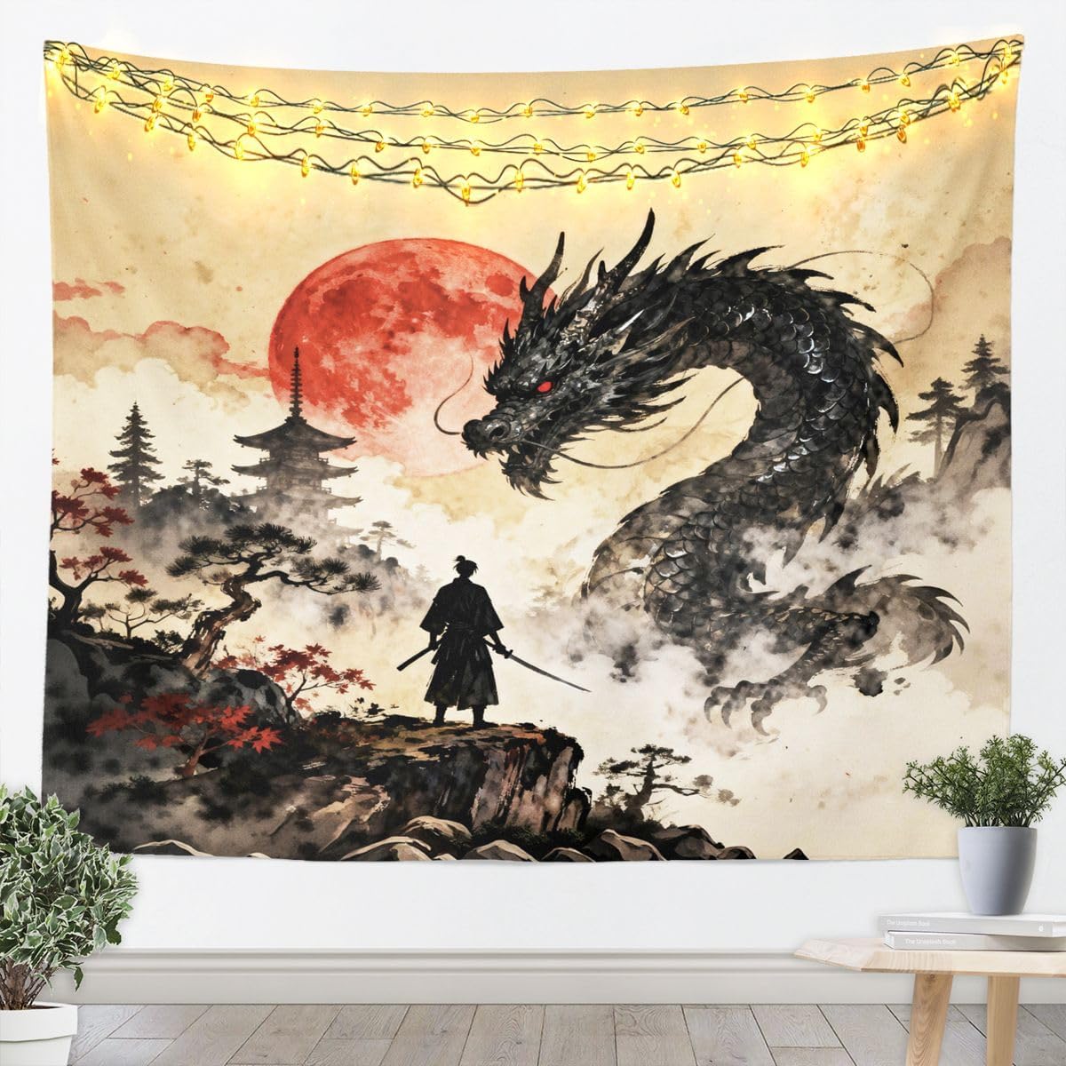 jejeloiu Dragon Tapestry Japanese Style Samurai Wall Art Anime Sunset Wall Hanging Blanket for Living Room Bedroom Ancient Wildlife Home Decor Large 59"x82" image 3