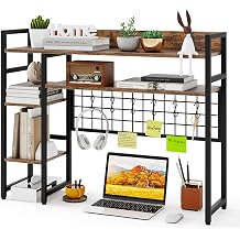 GOFLAME Desktop Bookshelf, 37 Inch Desk Shelf for Computer Monitor, 4-Tier Desk Hutch with Grid Panel 6 Hooks Set, Industrial Countertop Storage Organizer Shelf for Home Office, Dorm Rustic Brown