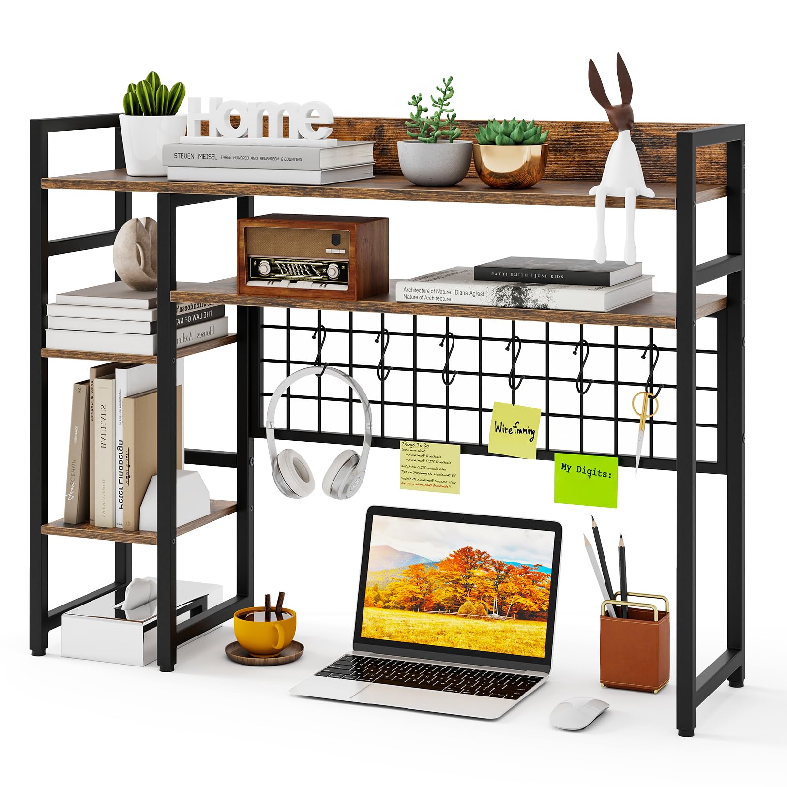 COSTWAY Regal do biurka, regał stołowy z 4 półkami i 6 haczykami, regał biurkowy na monitory, regał na książki na blat, organizer do przechowywania 94 x 25 x 74 cm (Brązowy)