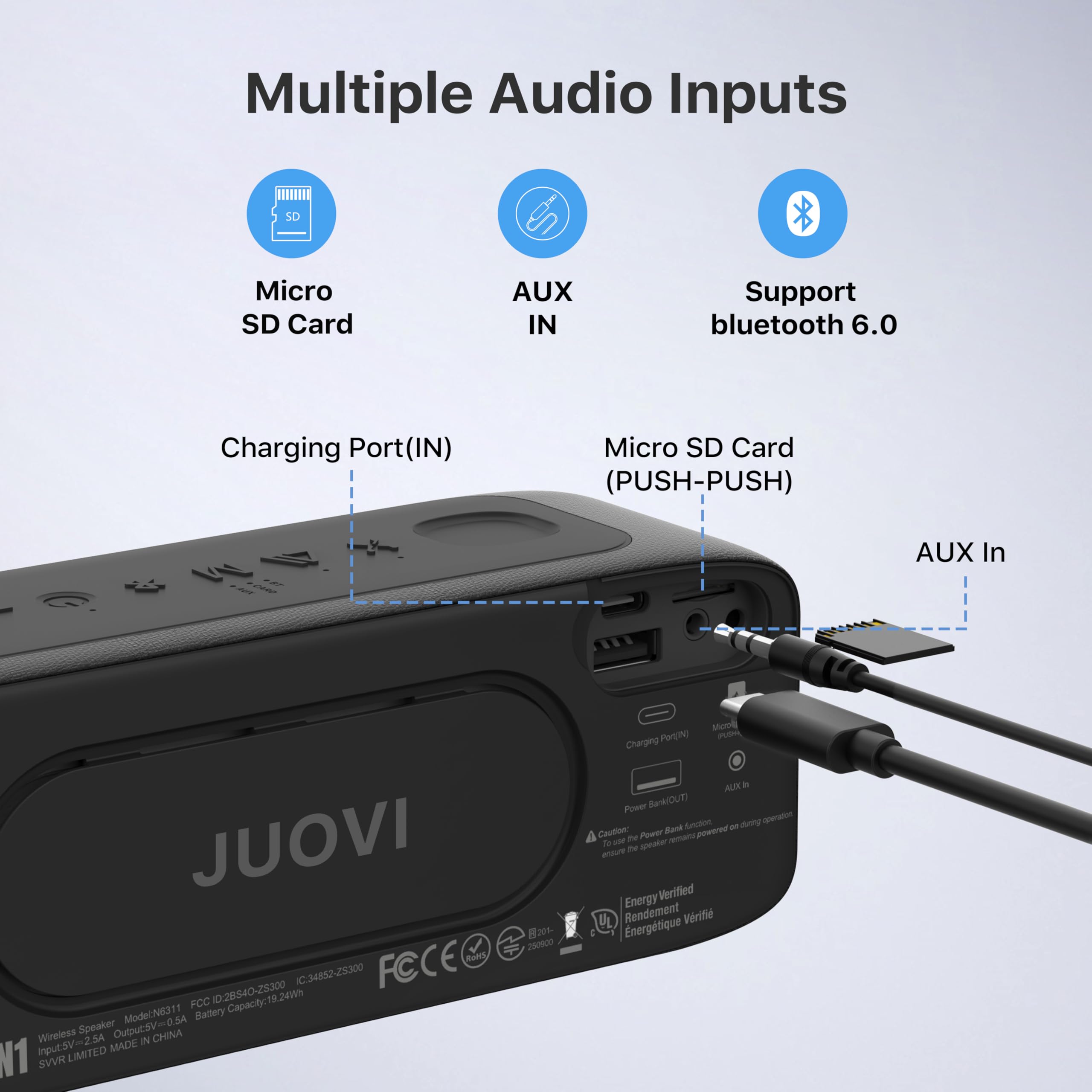 JUOVI Cassa Bluetooth Portatile Impermeabile IP68 | Supporto Scheda TF, Ingresso AUX 3,5mm, Playtime 24H, Suono Stereo 20W, Altoparlante Wireless con Bluetooth 6.0, Accoppiamen