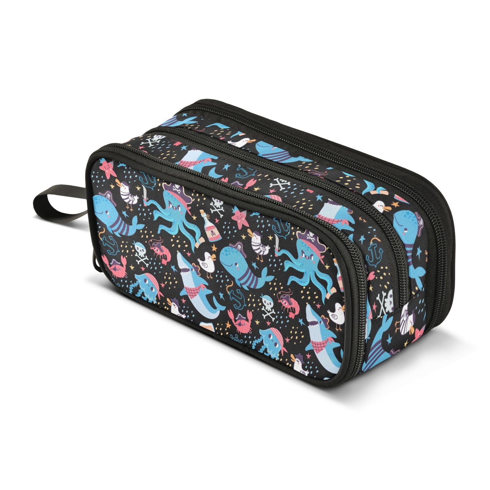 ZAZYXTJ Animals Shark Octopus Large Capacity Pencil Case 3 Compartment Pen Pouch Storage Canvas Makeup Bag for School Office Teen Girl Boy Men Women