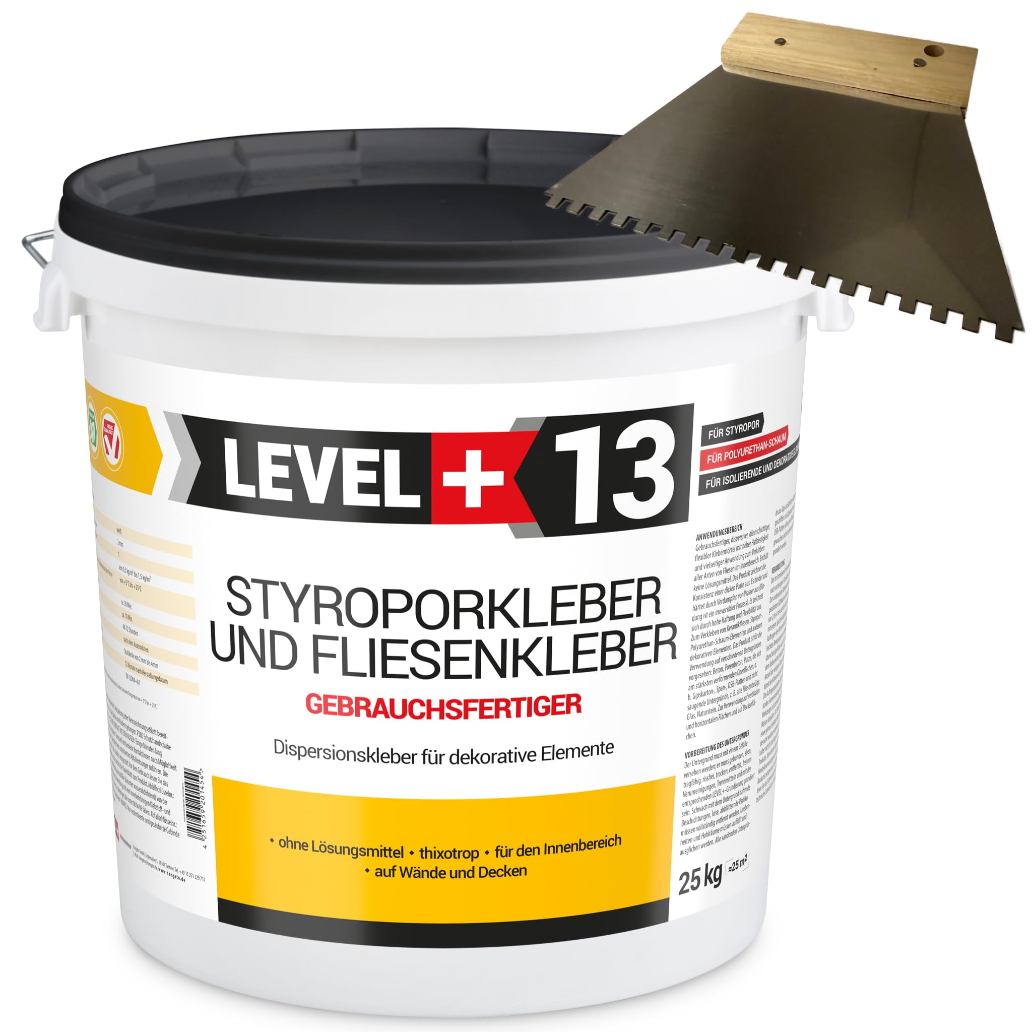 13 adesivi per polistirolo da 25 kg + spatola dentata da 4 mm, colla in sughero, colla a dispersione per elementi decorativi e polistirolo, set RM13