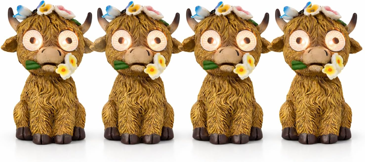 iStatue Solar Highland Cow Garden Statue with LED Light – Cute Resin Cow Figurine Outdoor Yard Decor, Waterproof Lawn Ornament, Gift for Women Mom Garden Lovers (4-Pack)