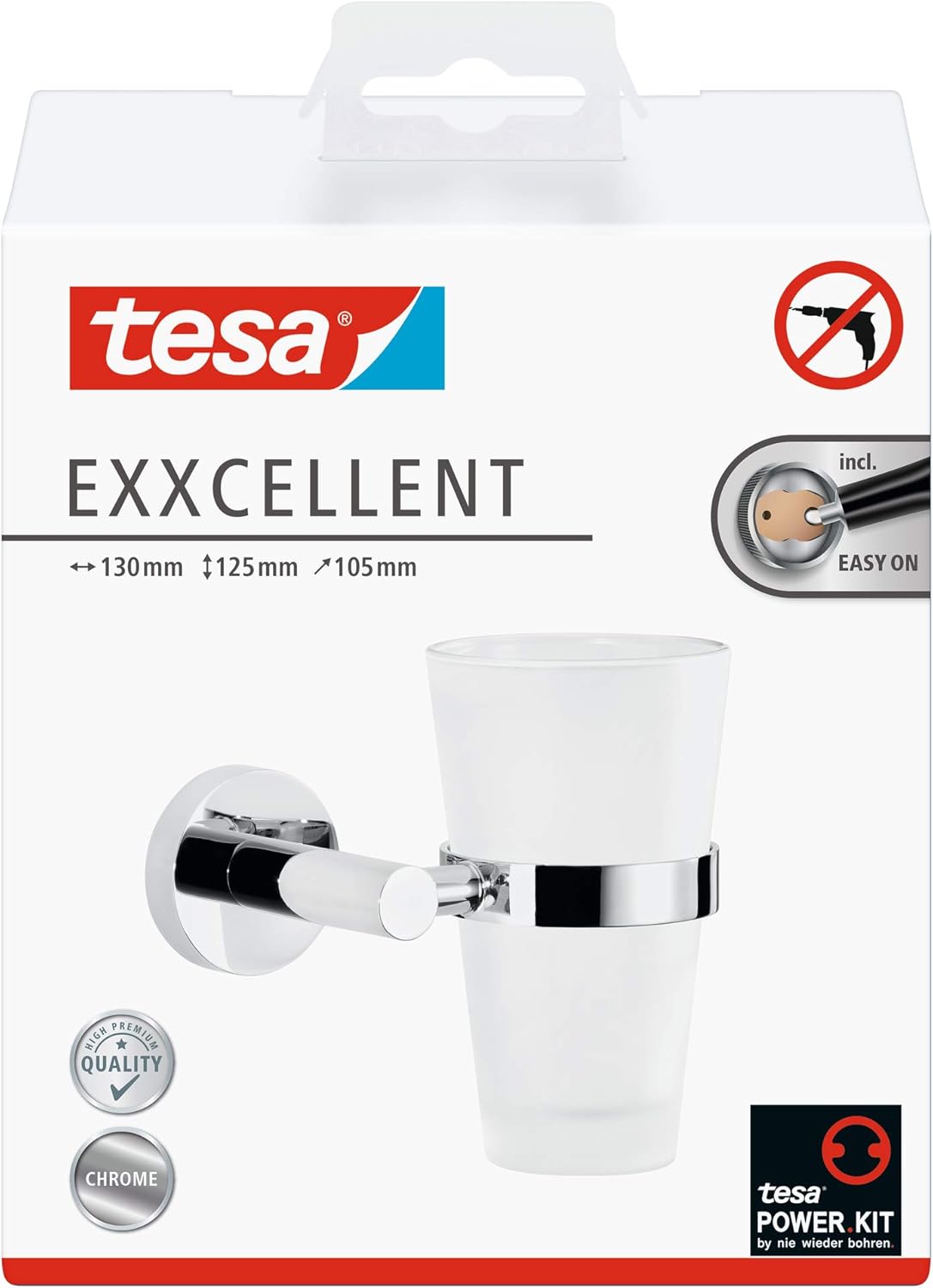 tesa EXXCELLENT Toothbrush Holder - Self-Adhesive, Stainless-Steel Tooth Brush Holder with Frosted Glass Cup - Waterproof, incl. Power.Kit Adhesive Solution - 125mm x 130mm x 105mm