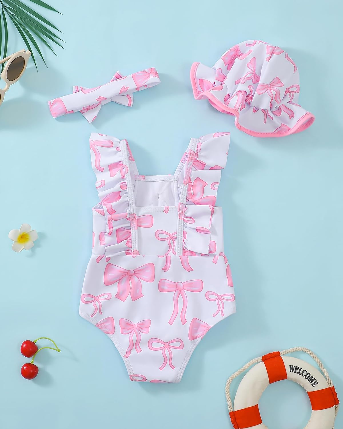 SODLON Baby Girl Swimsuit Infant One-Piece Bathing Suit with Hat & Headband Ruffle Bow Beach Summer Toddler Swimwear 3M-3T