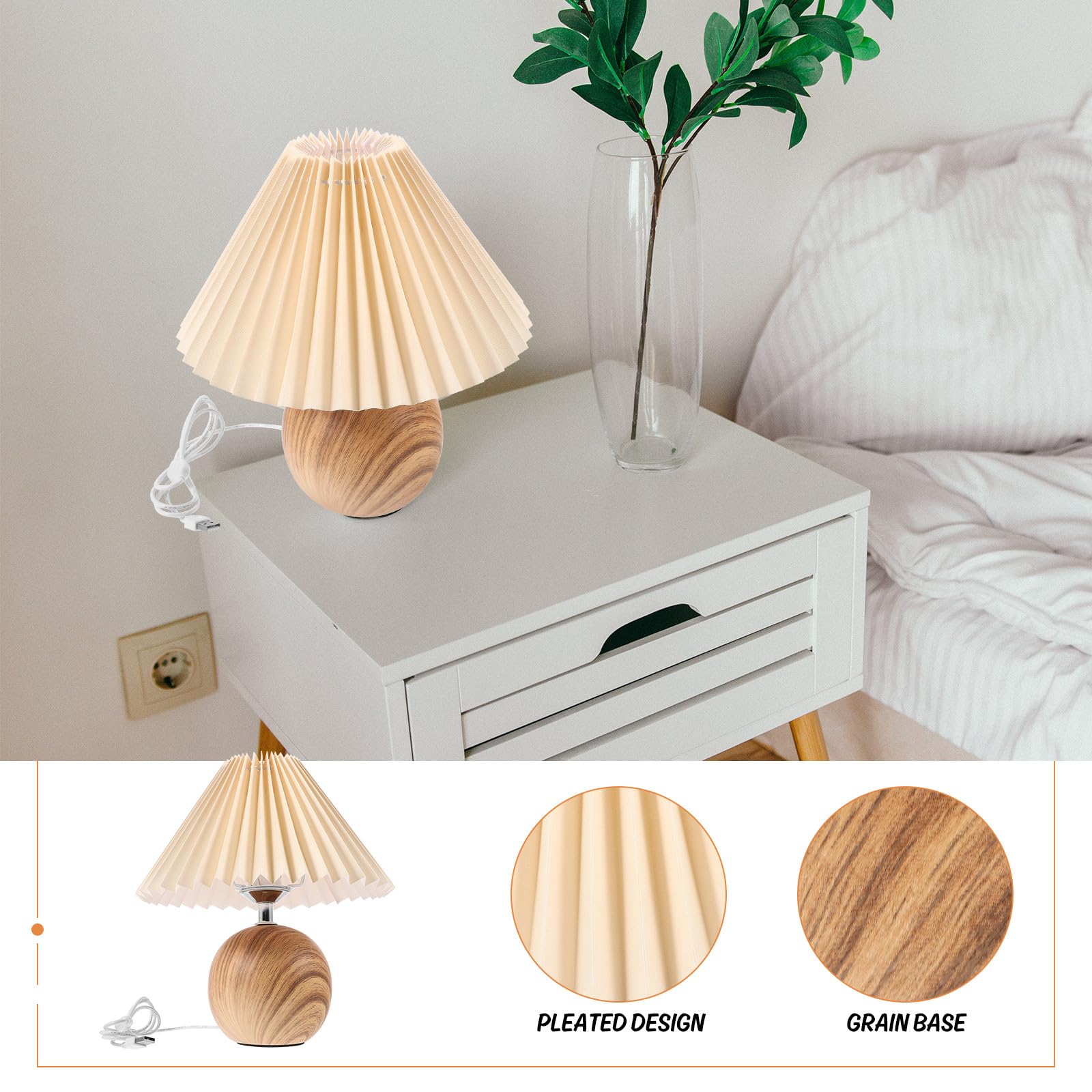 SHINEOFI Lampada da Tavolo Dimmerabile Paralume Plissettato e Base in Venature del Legno, Porta USB Integrata per Camera da Letto e Soggiorno, Luce Regolabile Continua per Lettura e Relax
