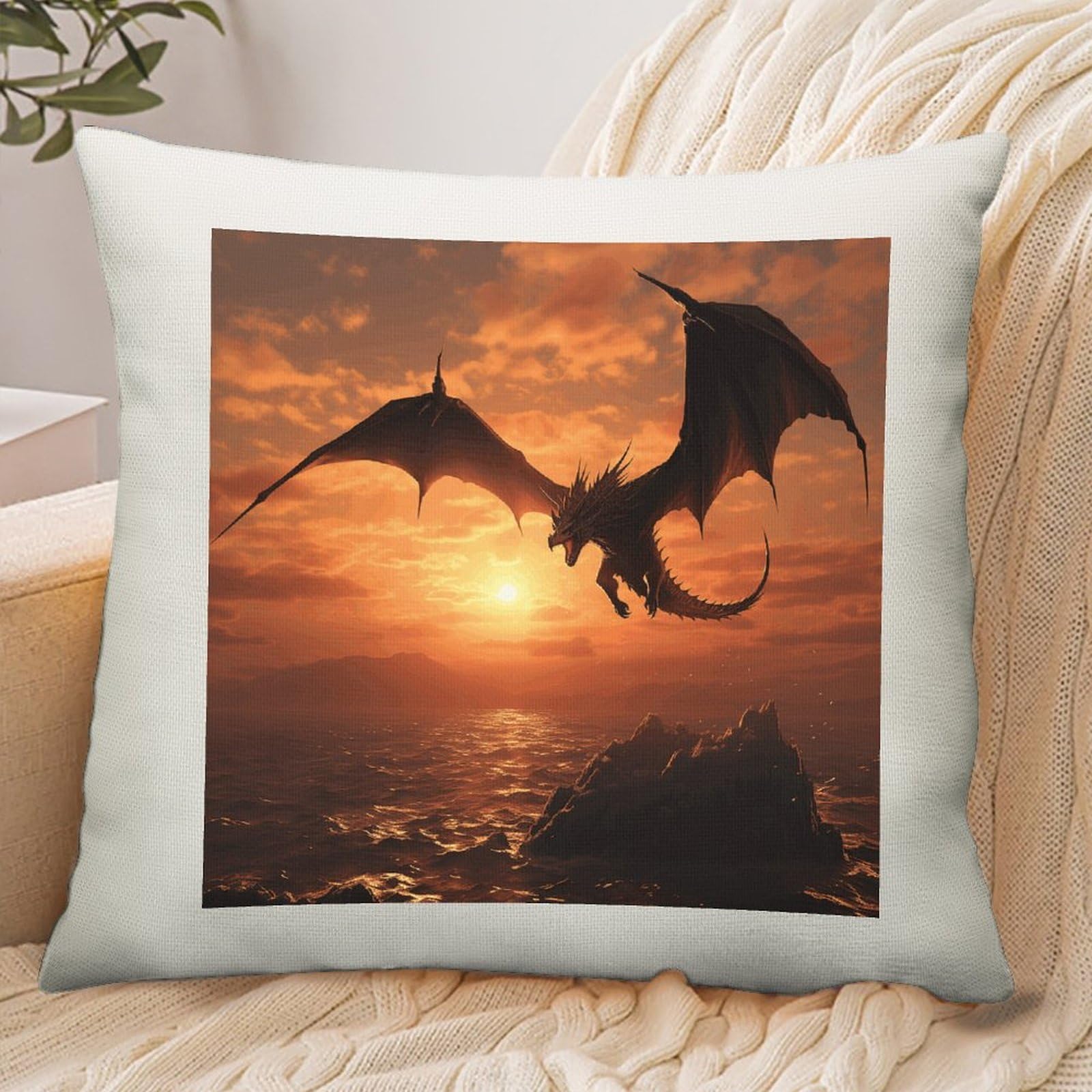 Adfgyerh Style Sea Sunset Flying Dragon Pillow Cover Breathable,Pillowcases Boho Decorative Envelope Closure,Throw Pillow Covers For Beach,Patio,Balcony,Couch Living Room 18 * 18In