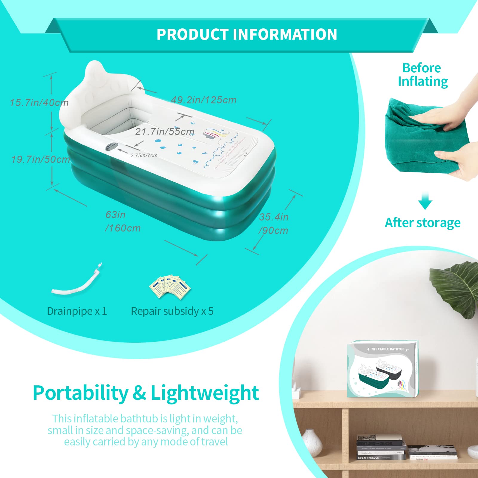 Mobile Bathtub,Inflatable Bathtub,Foldable Home SPA Bathtub-Portable Freestanding Bathtub with Bath Pillow,Cold Plunge Tub,Ice Bath tub,Outdoor Comfy Relaxing Soaking Bathtubï¼ˆ63''X35'') Unisex(Green)