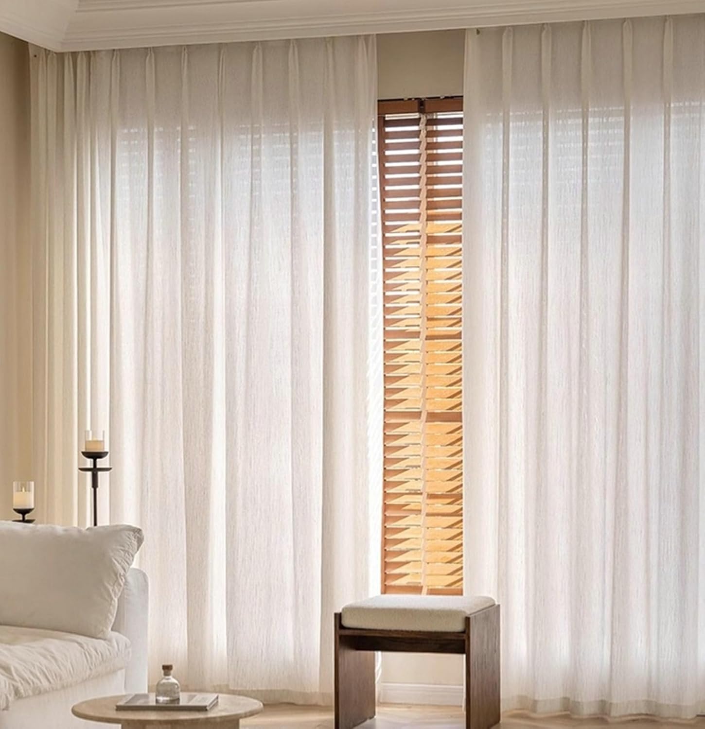 Sheer Voile Curtains 2 Panel Set 90 inch Long, Cotton Linen Sheer Window Curtain Eyelets Solid Color Branches Texture Window Treatment for Bedroom Living Room Beige, 52 x 90 Inch