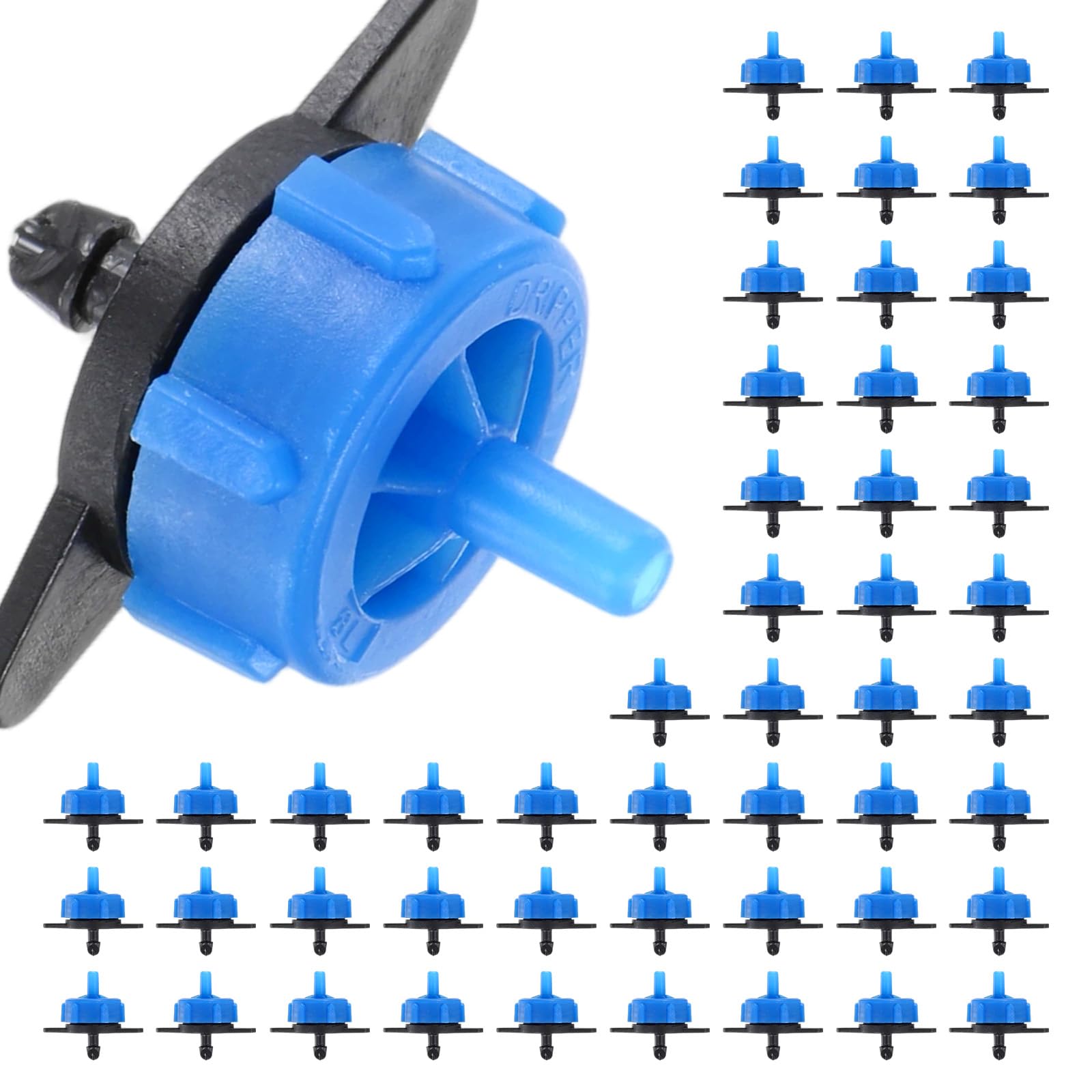 M METERXITY 50-Pack 2.1GPH Pressure Compensating Drippers, Drip Irrigation Emitters for Pots Plant Irrigation Systems/Garden Lawn, Drip Sprinkler Heads [Blue]