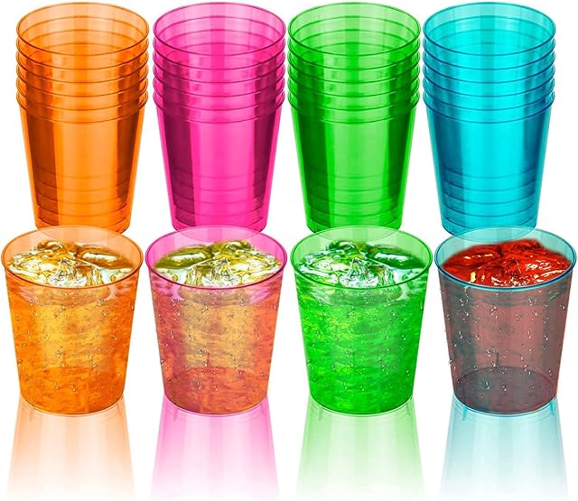 Plastic Shot Disposable Multi Use Glasses for Indoor Outdoor Use BBQ, Picnics, Weddings and Camping, Beach, Festival Jelly Sample Tasting Desserts Durable Neon Glow Glasses (Assorted Color, 30)