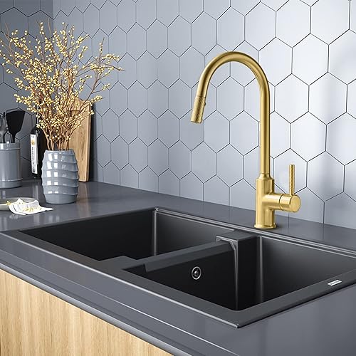 Miniatura 4 de TURS Grifo de cocina de oro cepillado Grifos de cocina de latón con rociador extraíble de una sola manija un agujero de arco alto cobre grifo