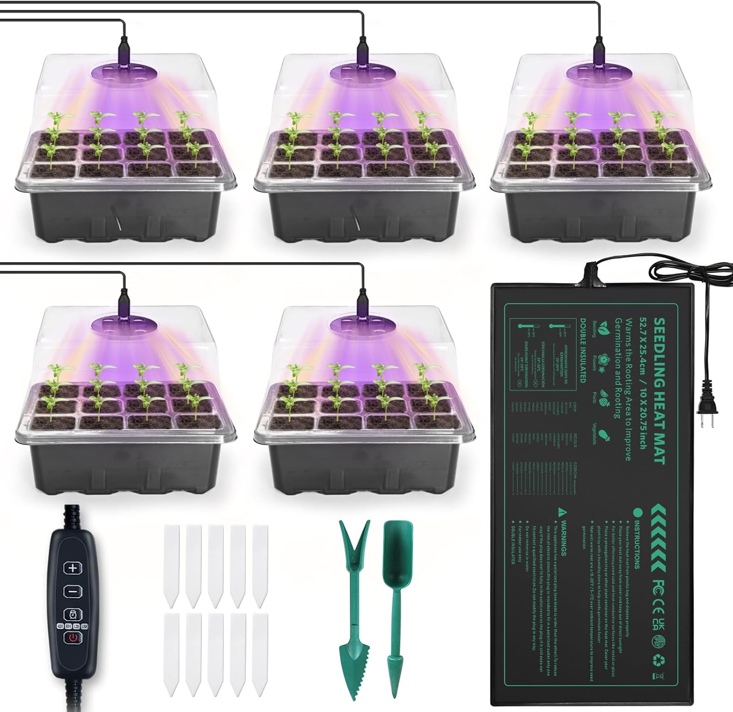 Seed Germination Kit with Heat Mat and Light Humidity Domes, 60 Cell Starter Trays Germination Station Cloning Kit