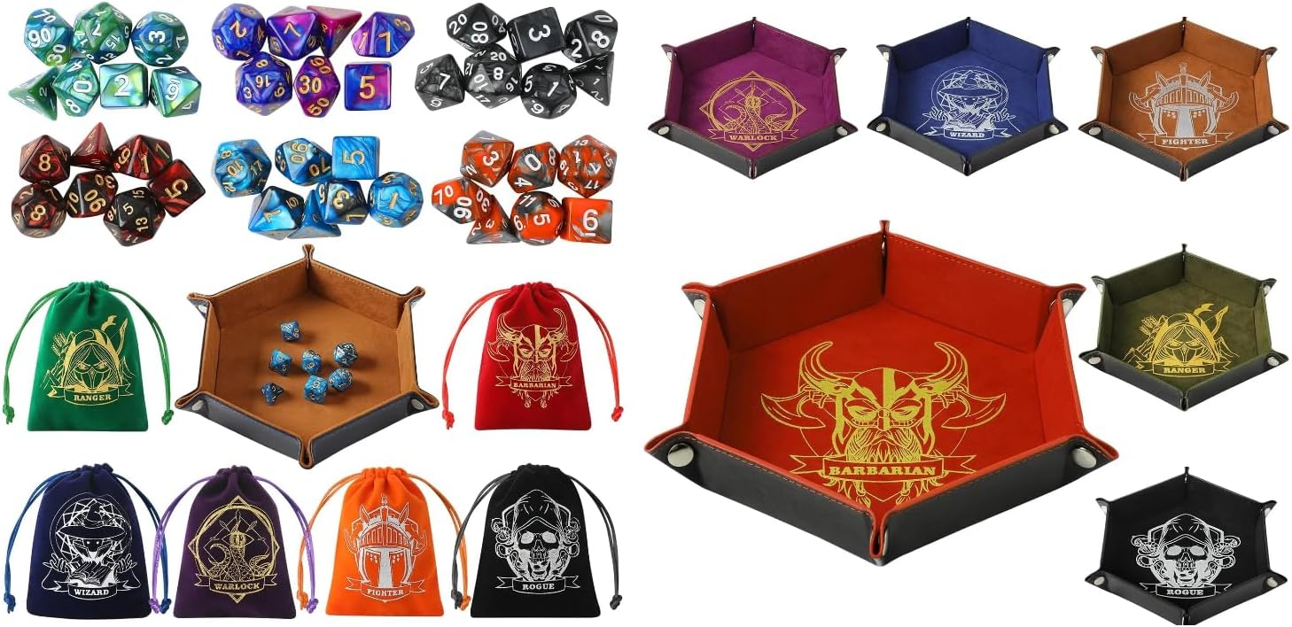 D&D Dice Sets & 6 Pcs DND Dice Tray with Characters Pattern