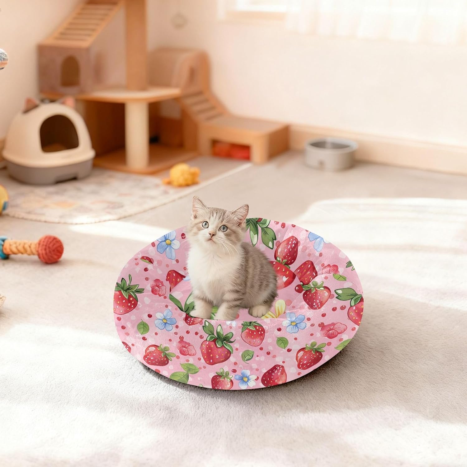 Pet Dog Bed Warm & Soft Fluffy Cat Pillow Bed for Medium Size Pets Sleeping M Cute Strawberries and Blue Flowers Pink