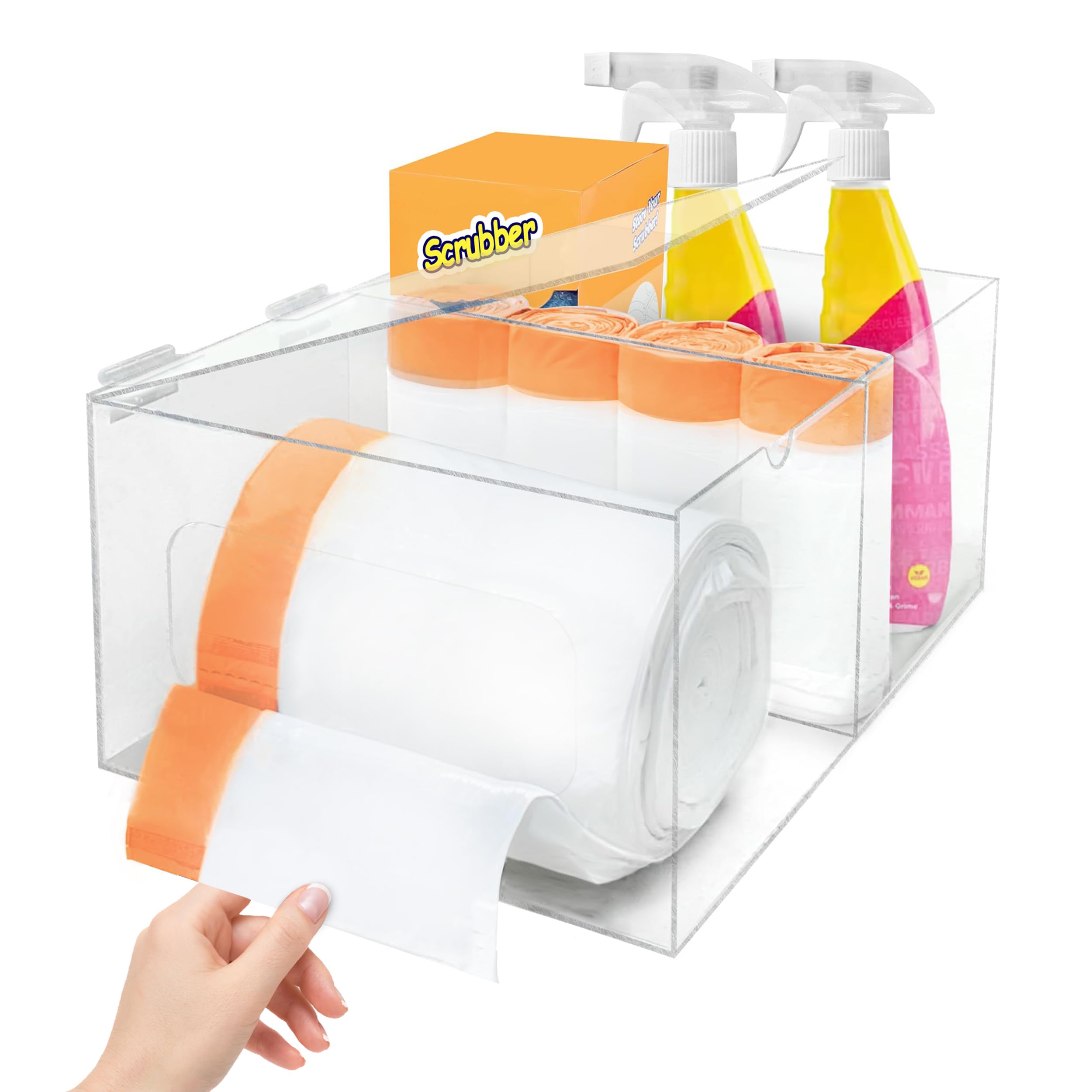 2 in 1 Extra Large Acrylic Trash Bag Dispenser & Under Sink Garbage Bag Organizer. 13 30 33 Gallon Garbage Bag Holder with Lid. Kitchen Trash Bag Storage Dispenser.