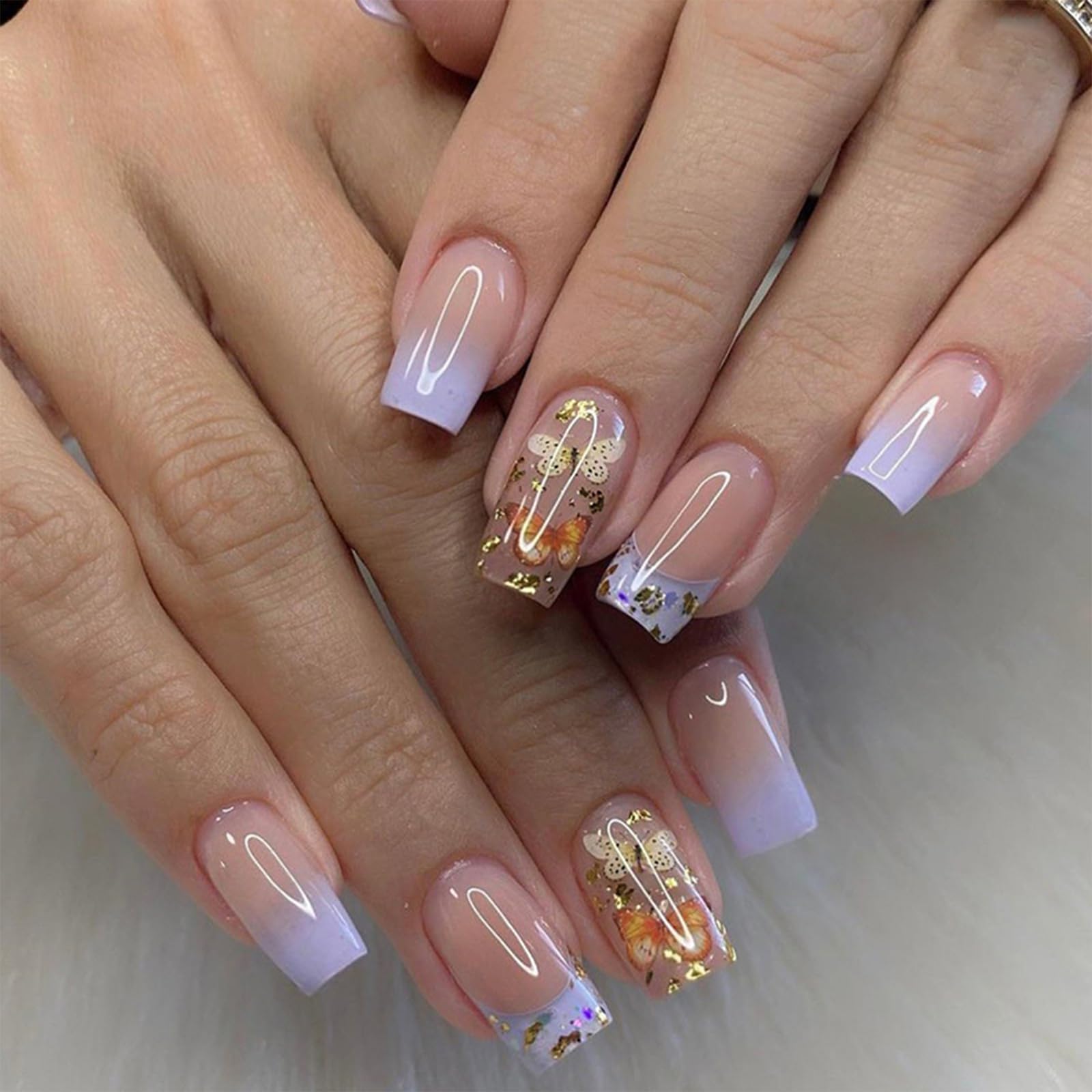Butterfly Press on Nails Medium Square Fake Nails Purple French Tip False Nails with Designs Gold Foil Gradient Acrylic Glossy Glue on Nail Cute