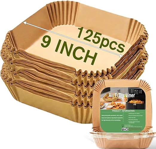 Large Air Fryer Disposable Paper Liners Square 9 Inch, 125 Pcs Parchment paper liner for 5-8QT Air fryer, Oil-proof, Water-proof, Parchment Baking Paper for Baking Roasting Microwave