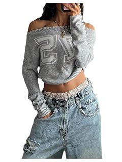 OYOANGLE Womens Y2K Letter Knitted Pullover Sweater Long Sleeve Off Shoulder Jersey Shirt