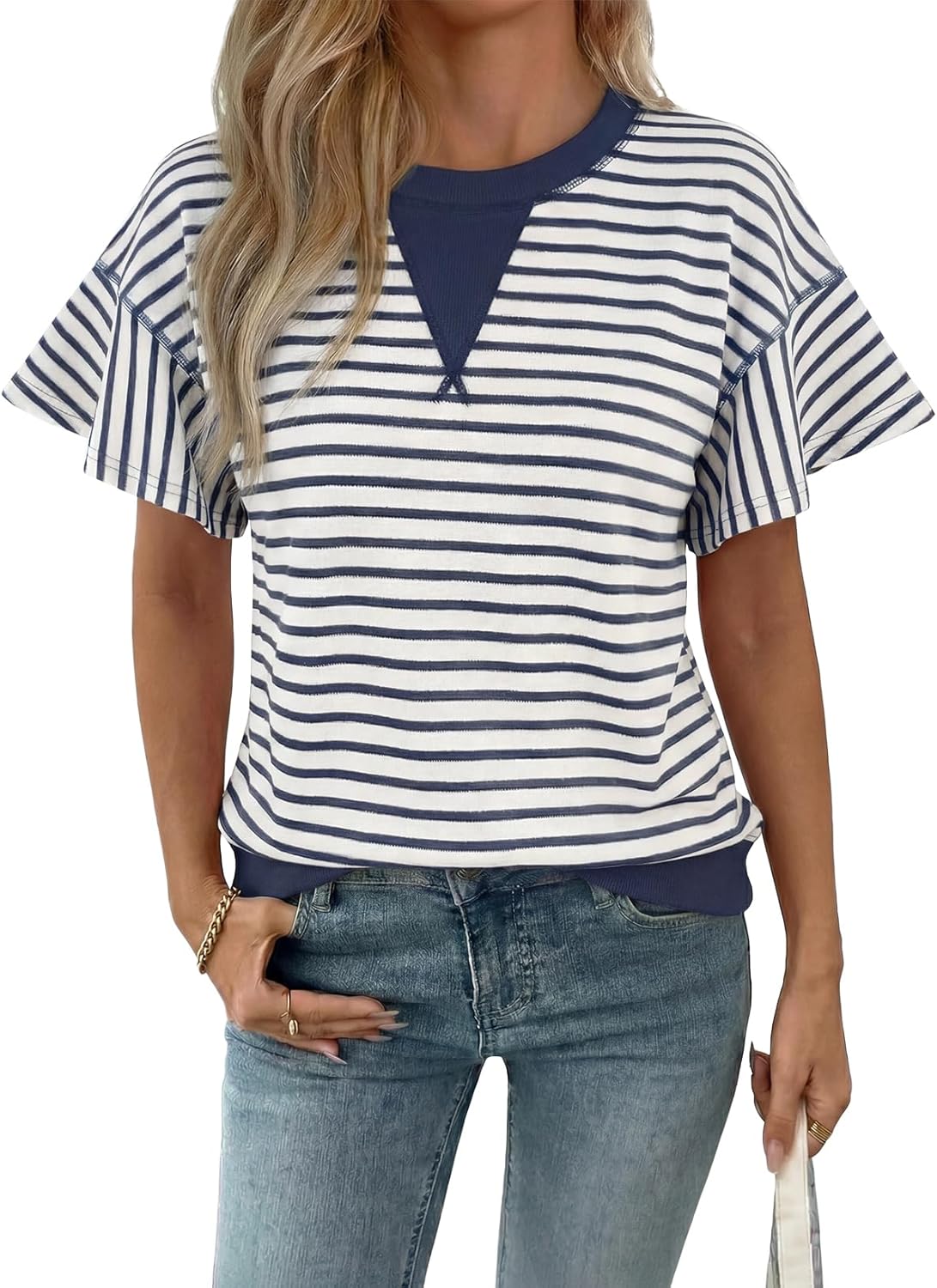 Acelitt Women Crewneck Short Sleeve Striped Tops,S-XXL