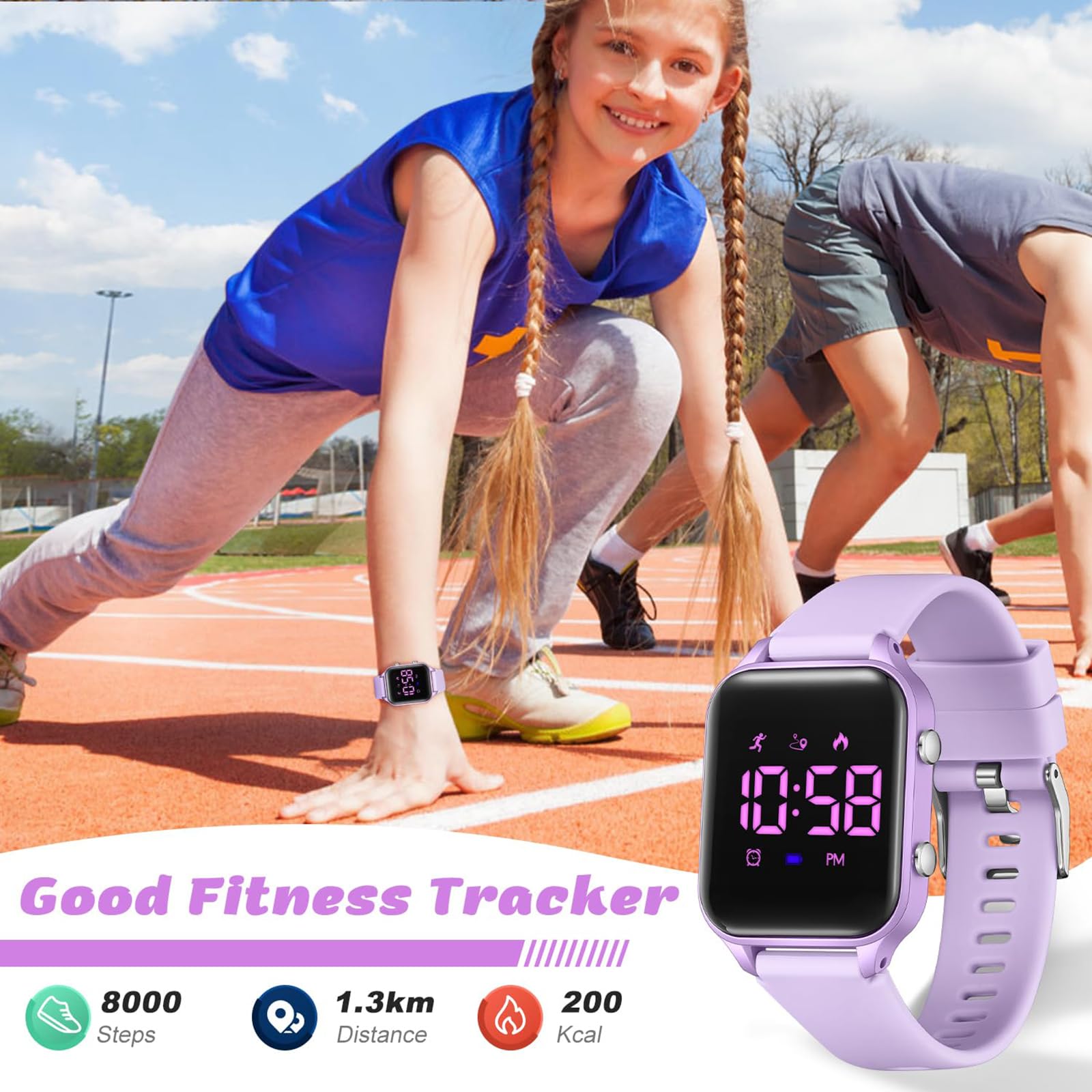 Timever Montre numérique pour Enfant Fille garçon avec podomètre, réveil, chronomètre, lumière, Date, sans Application et téléphone Portable avec Bracelet en Silicone