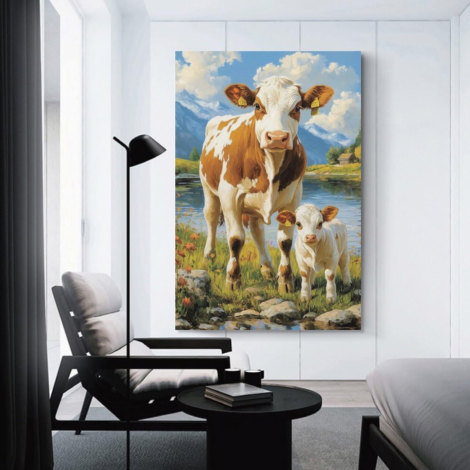 Junmoney Unframe-Style-12 Cow And Calf By The River Wall Decor Canvas Print, 20X30inch(50X75cm), For Flats, Guest Rooms Or Compact Rooms, A Simple Refresh For Blank Walls