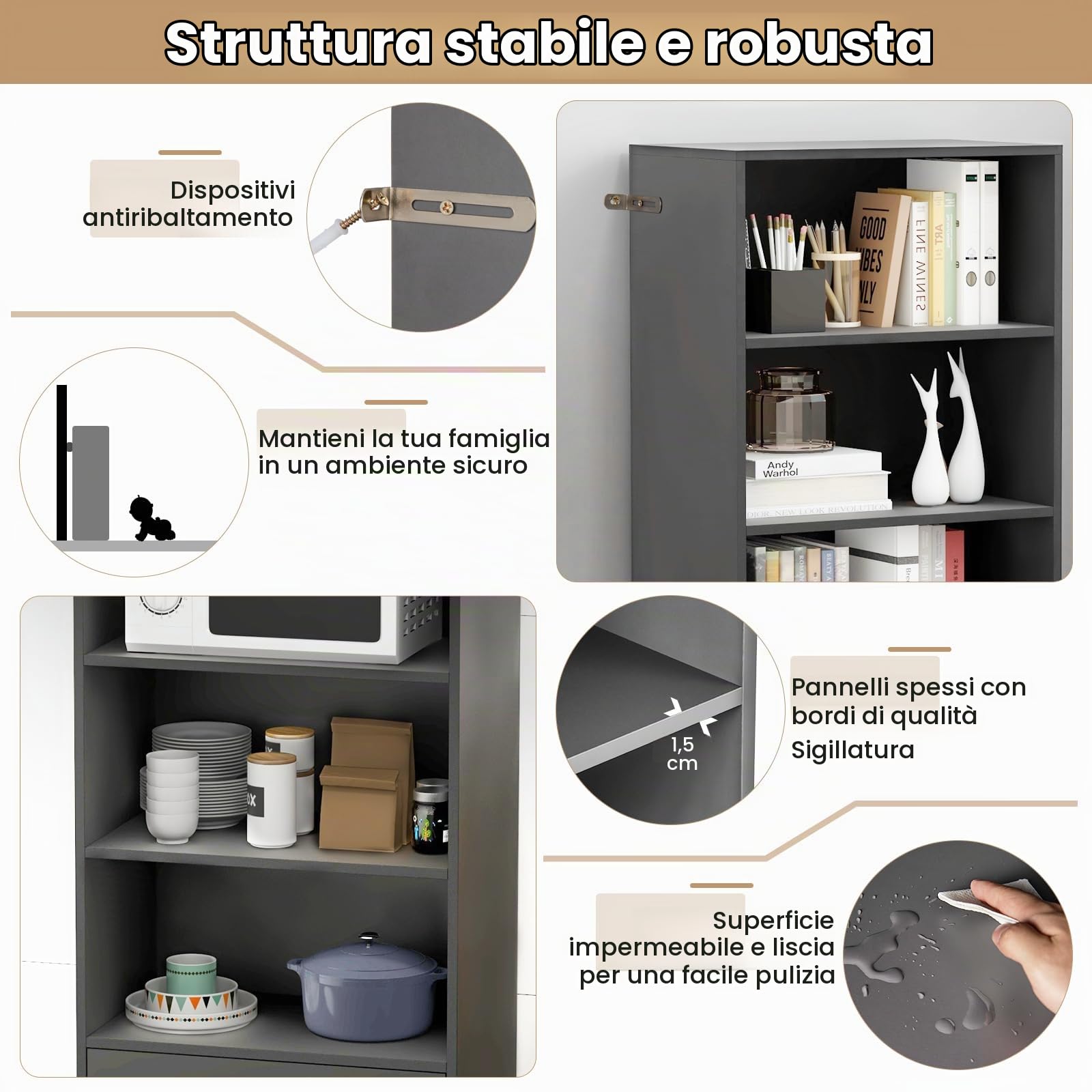 KOMFOTTEU Libreria in legno, 3 ripiani aperti e 1 cassetto, armadio base con ripiani regolabili, mobile di stoccaggio, dispositivo anti-ribaltamento, per soggiorno, studio 50 x 30 x 75 cm (grigio)